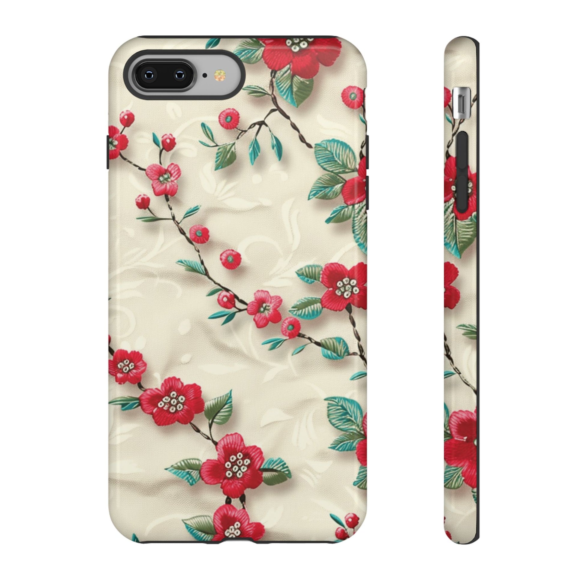 3D Embroidery Illusion Red Flowers Phone Case for iPhone, Samsung Pixel Artistic Floral Protection 15 14 13 12, 21 23 Gift for Her Perfect for Floral Lover