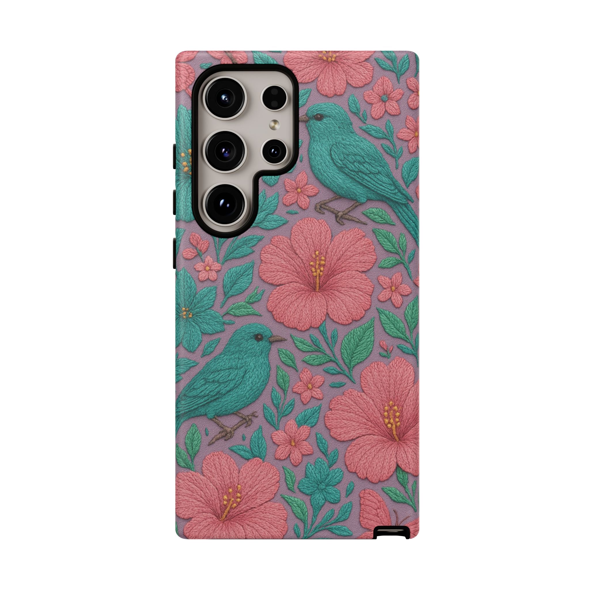 Turquoise, Pink and Lavender 3D Embroidery Illusion Phone Case Tropical Flowers, Birds & Butterflies Cover with Bold, Realistic Floral Texture iPhone, Samsung