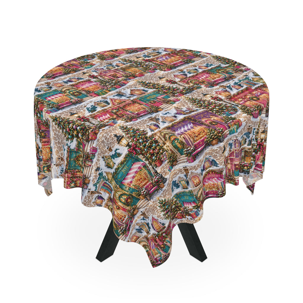 Christmas Village Tablecloth – Festive Snowy Holiday Houses Print for Seasonal Dining