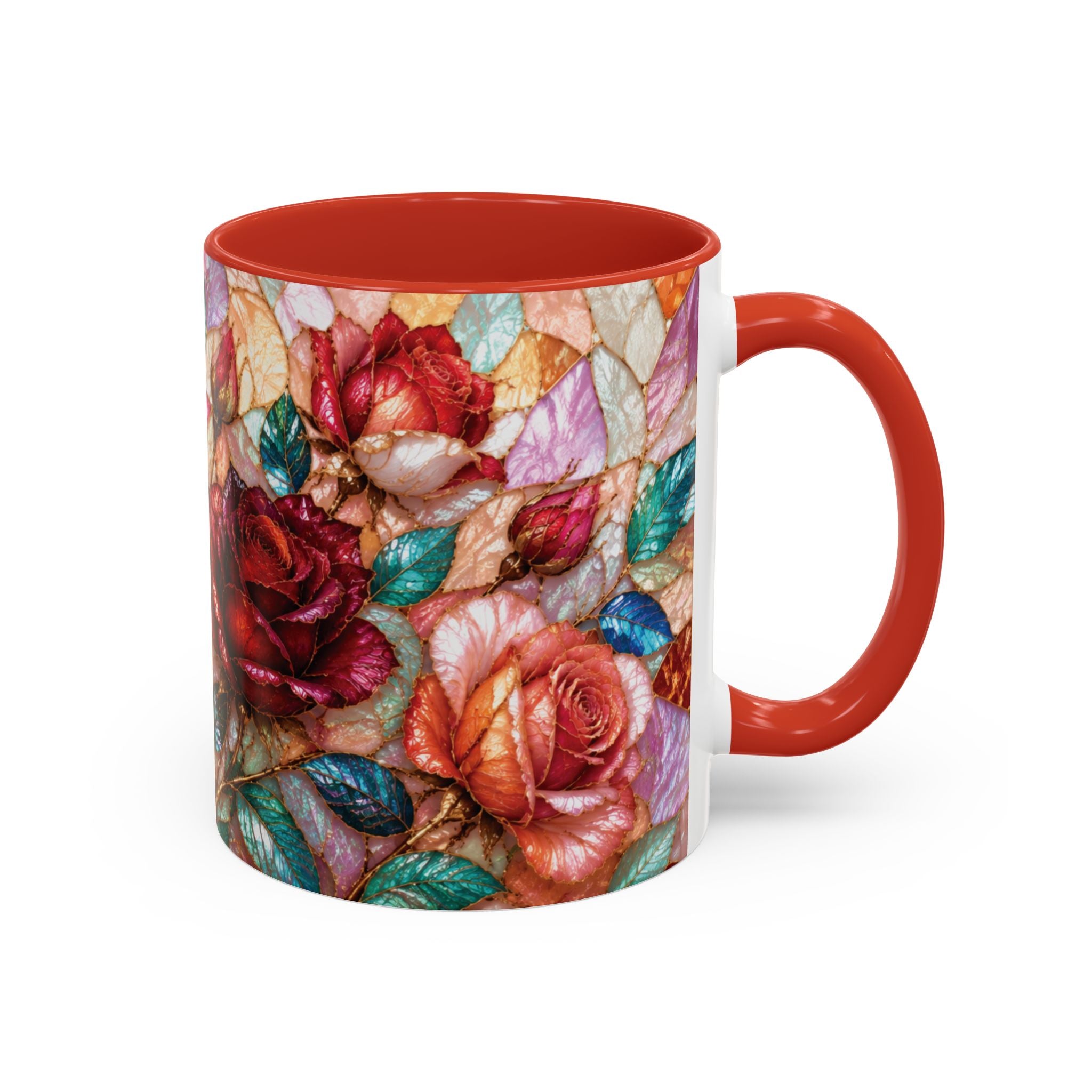 Floral Stained-Glass Accent Coffee Mug Colorful Rose Pattern (11/15 oz) Gift for Her