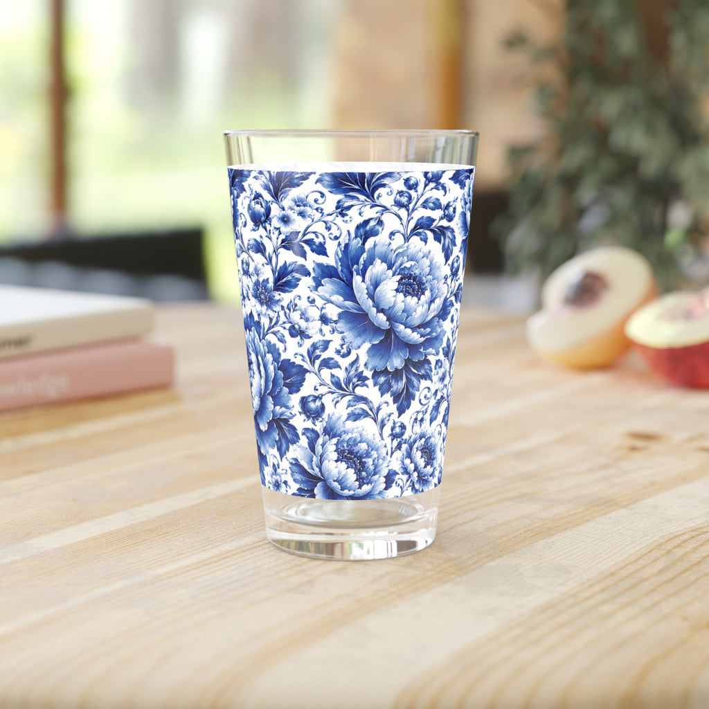 Blue & White Chinoiserie Peony 16 oz Pint Glass | Elegant Floral Drinkware Parties