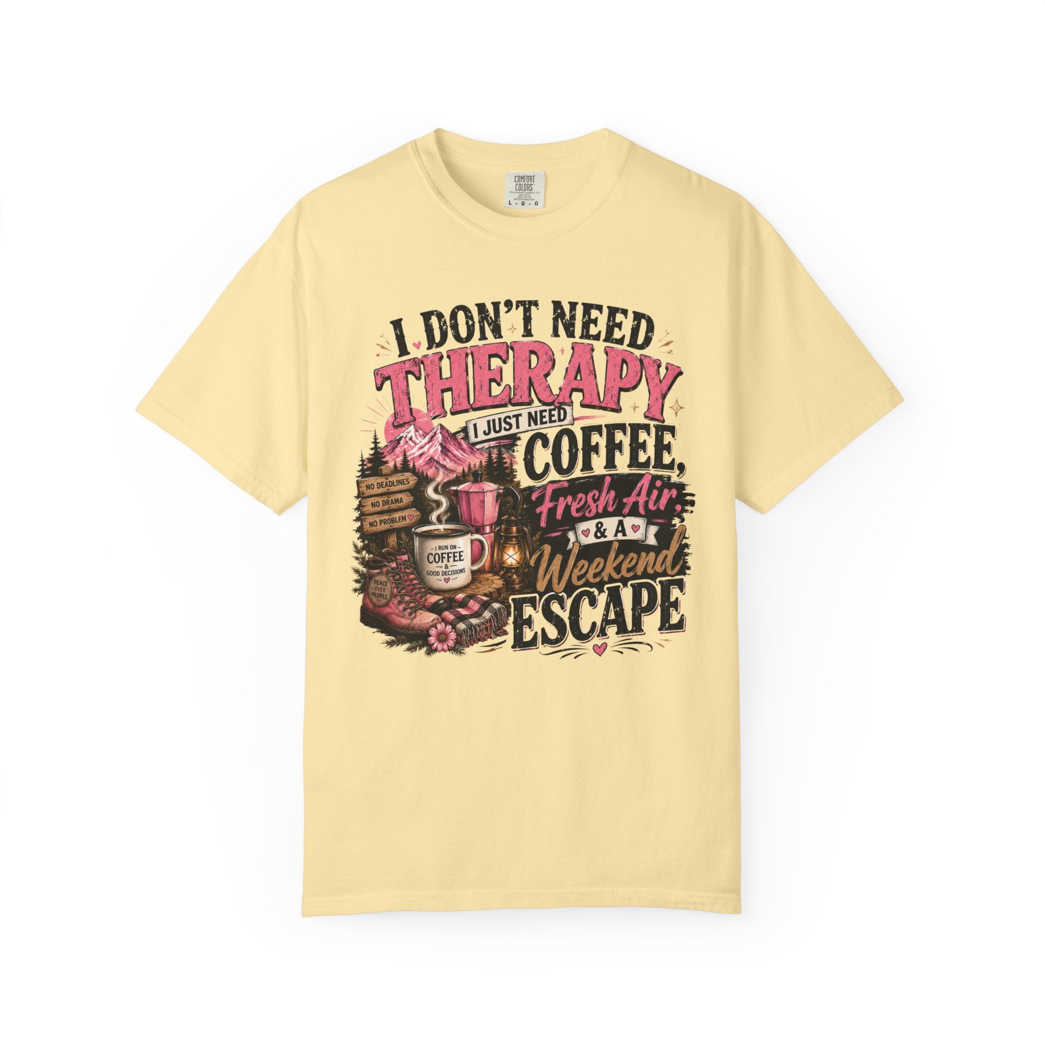 T-Shirt — “I Don’t Need Therapy, I Just Need Coffee, Fresh Air & A Weekend Escape” Vintage Coffee & Outdoors Tee