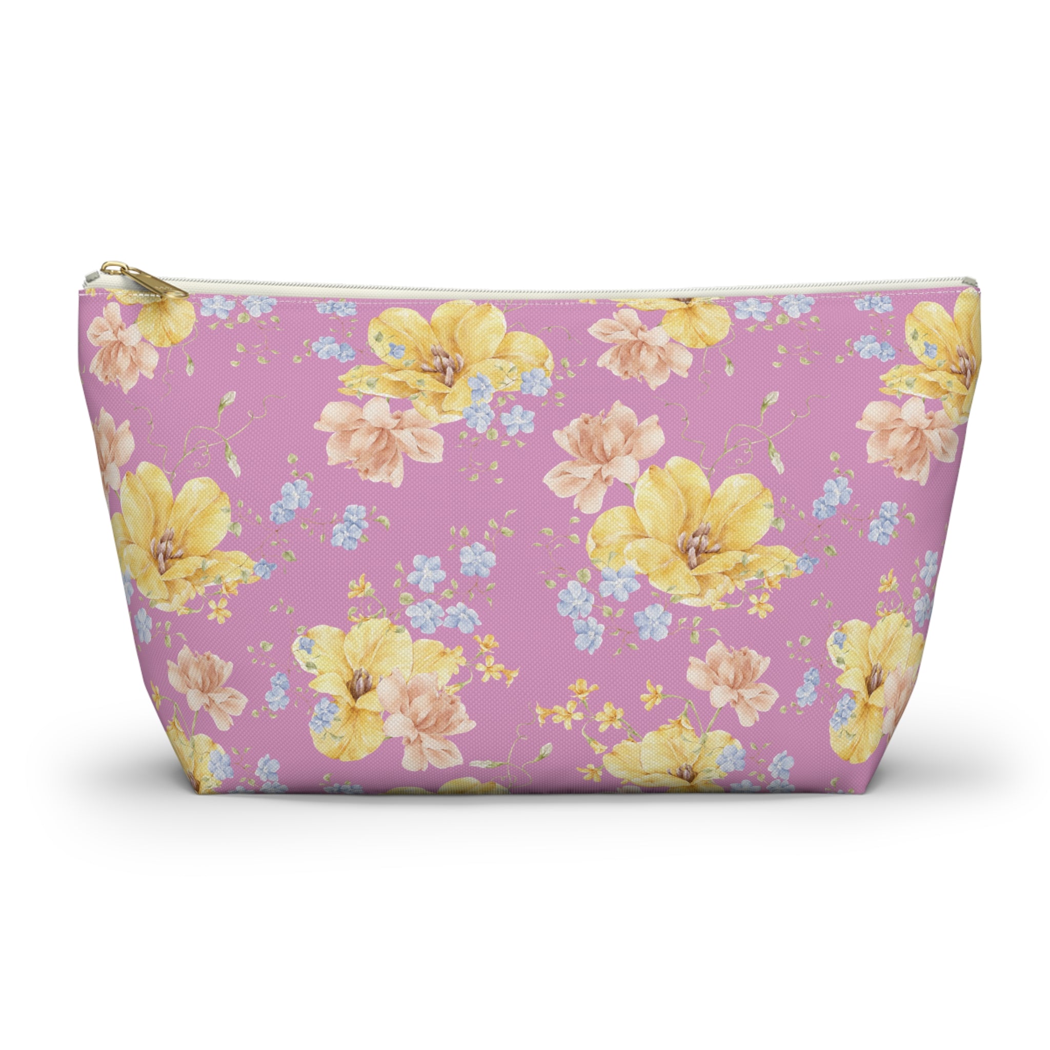 Yellow Floral Accessory Pouch — T‑Bottom Cosmetic Bag Makeup