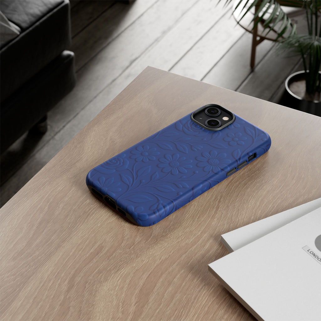 3D Illusion Floral Cobalt Blue Phone Case Elegant Raised Flower Design, Seamless Textured Look, Durable & Stylish Protection for iPhone and Android Models Fits iPhone & Samsung Models