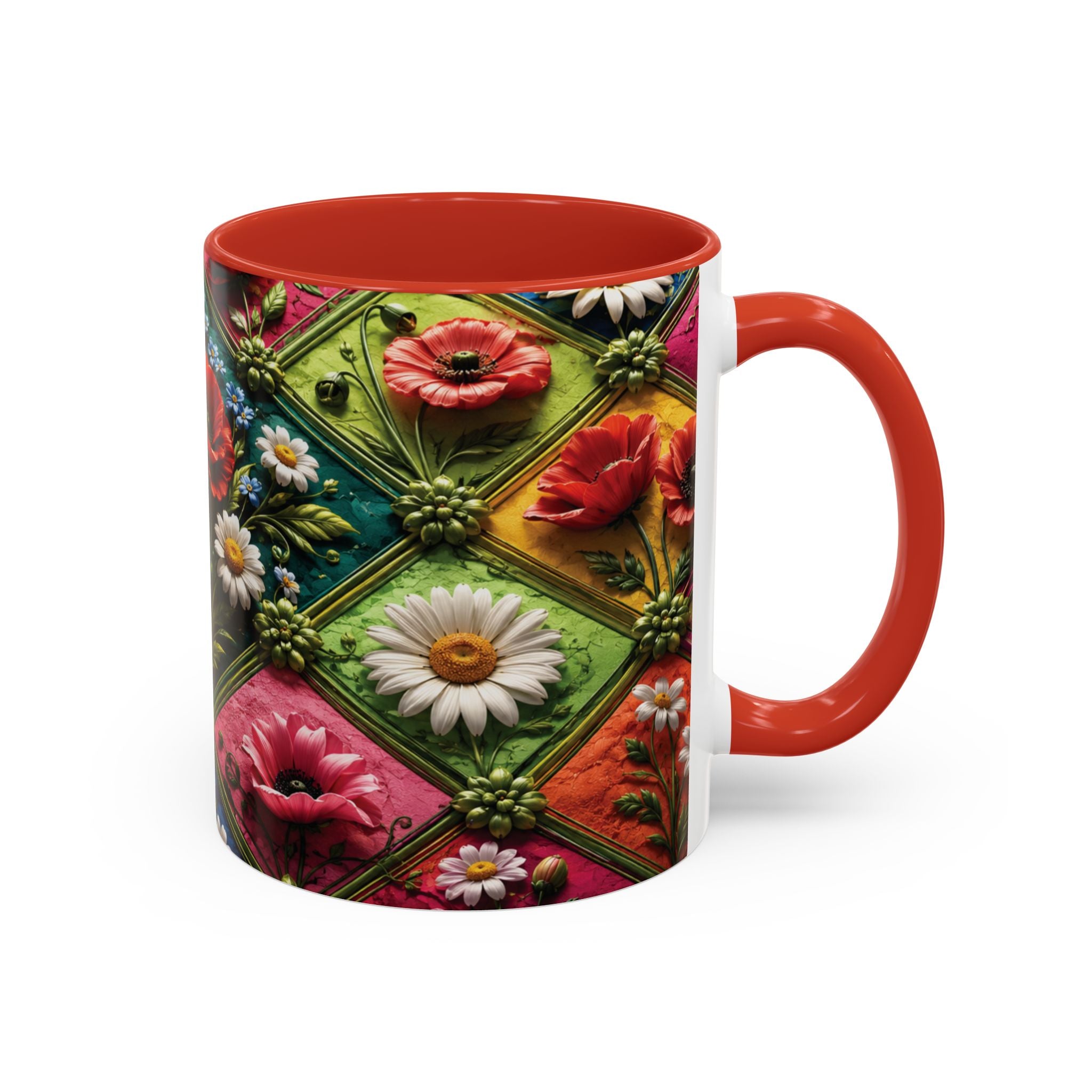 Floral Patchwork Accent Coffee Mug — Colorful Poppies & Daisies (11/15oz) 3D Illusion