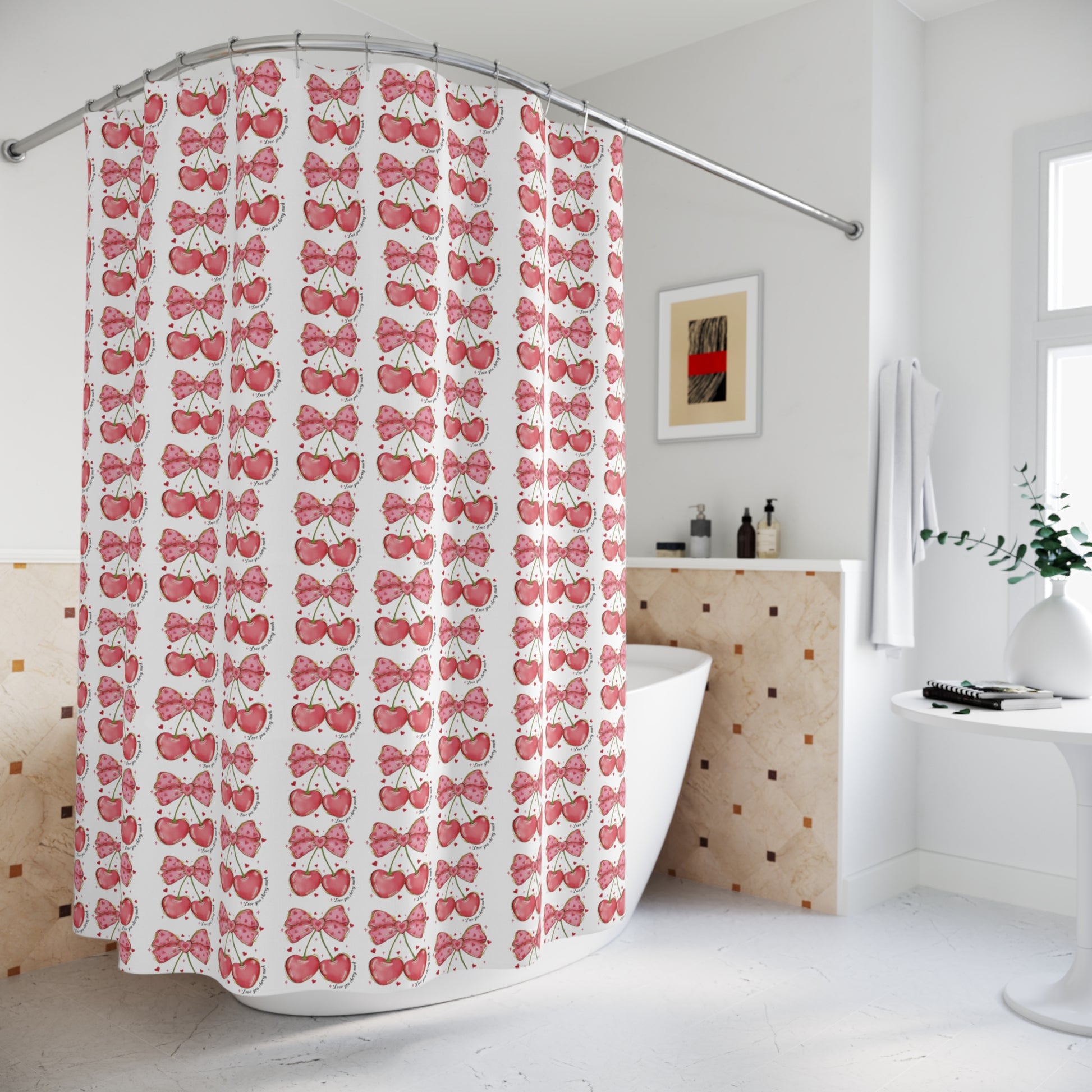 Housewarming Shower Curtains Bows and Cherries  Refresh your bathroom with our bursting with color and style. Transform your space and shop now for a vibrant upgrade!