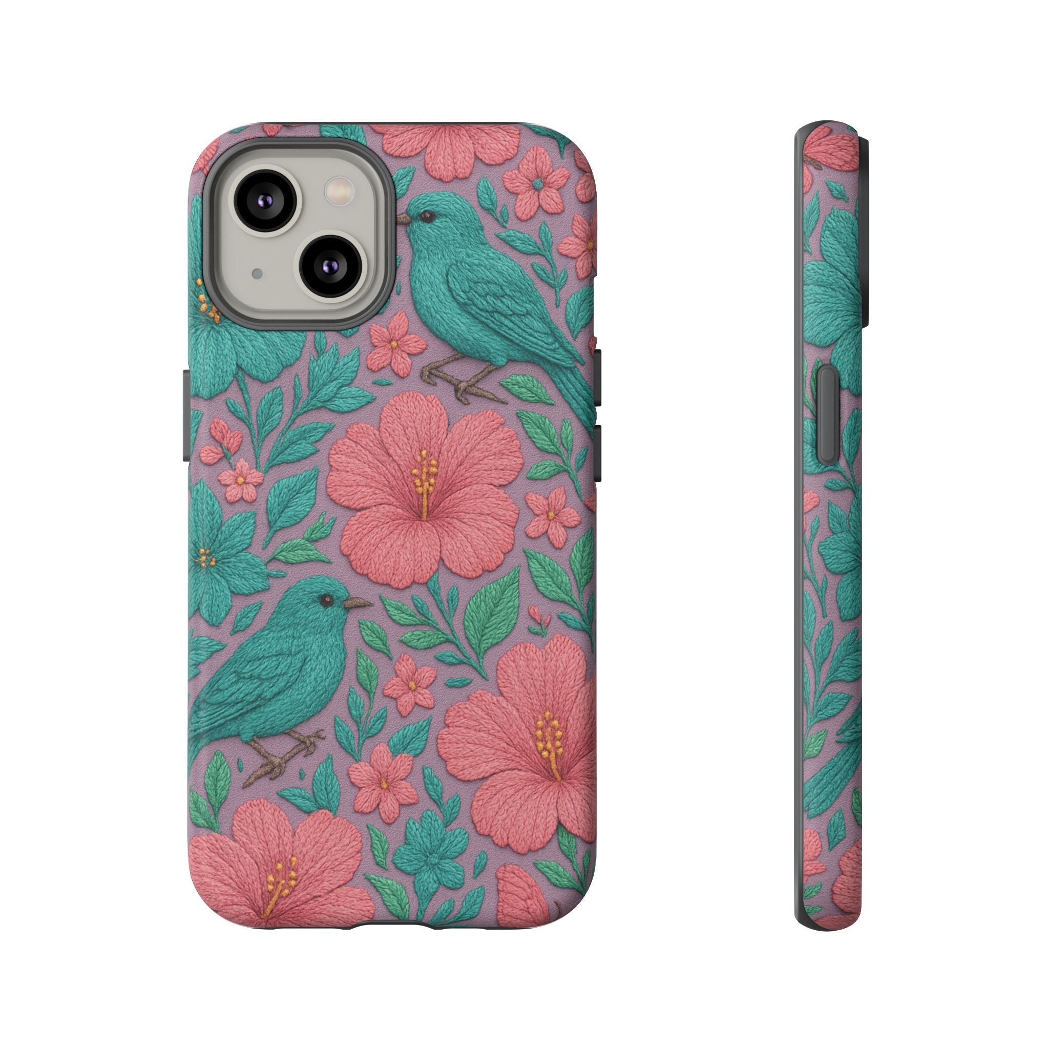 Turquoise, Pink and Lavender 3D Embroidery Illusion Phone Case Tropical Flowers, Birds & Butterflies Cover with Bold, Realistic Floral Texture iPhone, Samsung