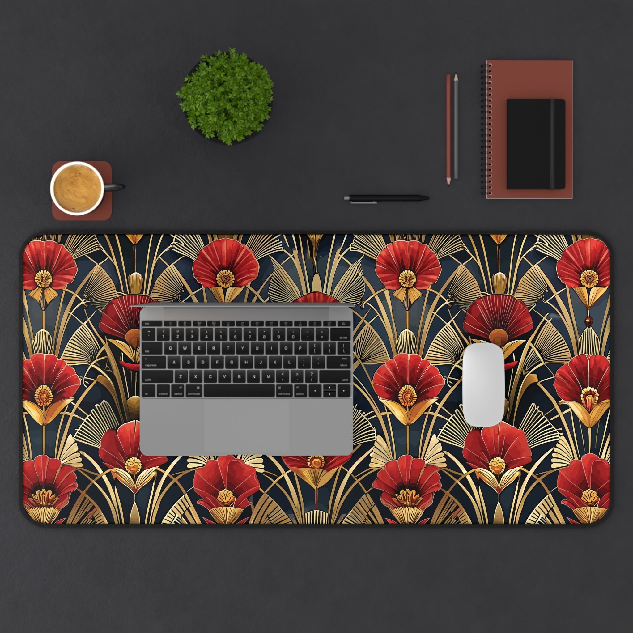 Art Deco Red Flower Black & Gold Desk Mat — Vintage Floral Desk Pad