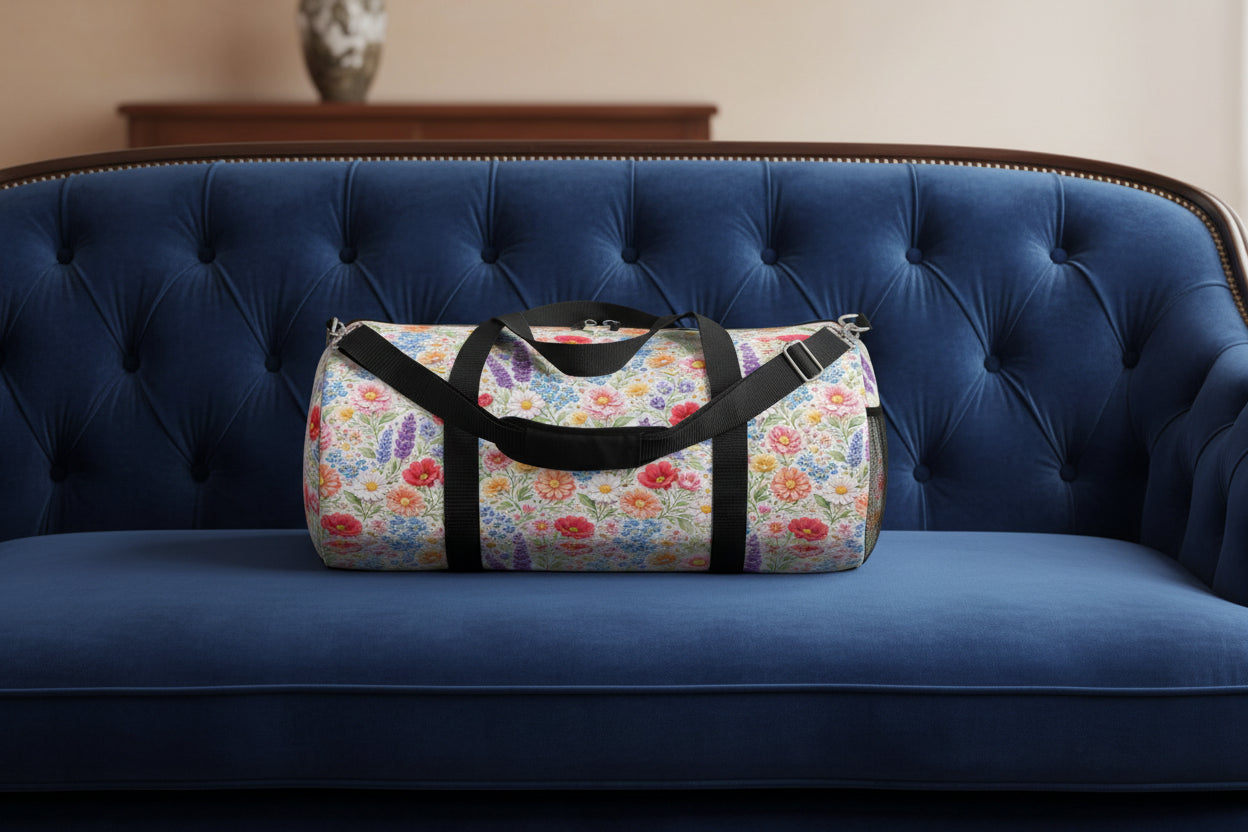 Floral patterned duffel bag with black straps on a white background