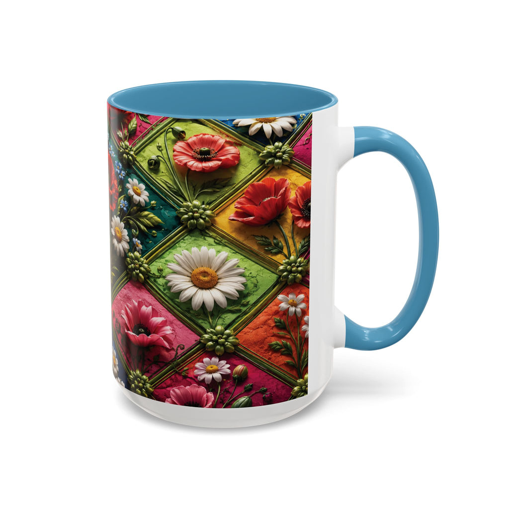 Floral Patchwork Accent Coffee Mug — Colorful Poppies & Daisies (11/15oz) 3D Illusion