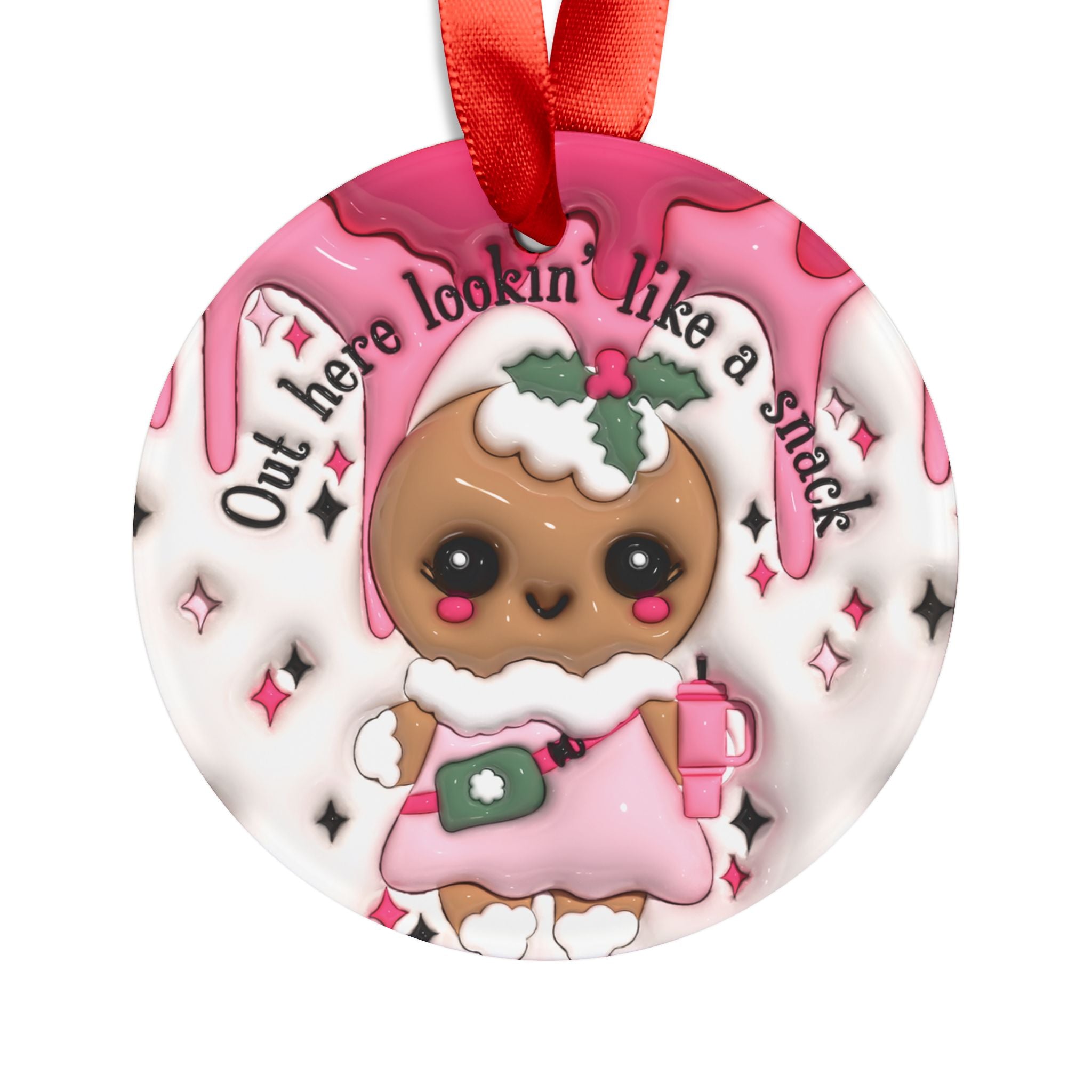 3D Inflated Illusion Christmas Ornament with Red Ribbon Unique Holiday Decor, Perfect for Tree Decoration, Festive Home Accents, 2.9x2.9 Inches, Glossy Finish - MRSBYVALLE