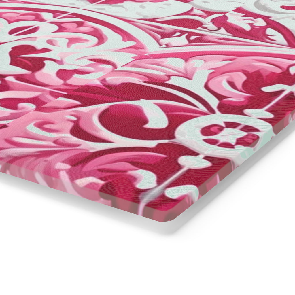 New House Tempered Glass Cutting Board with Pink and White Mediterranean Tile Design Ultra-Durable Kitchen Accessory for Stylish Cooking Kitchen Decor with Elegant Design, Housewarming, New House Gift - MRSBYVALLE