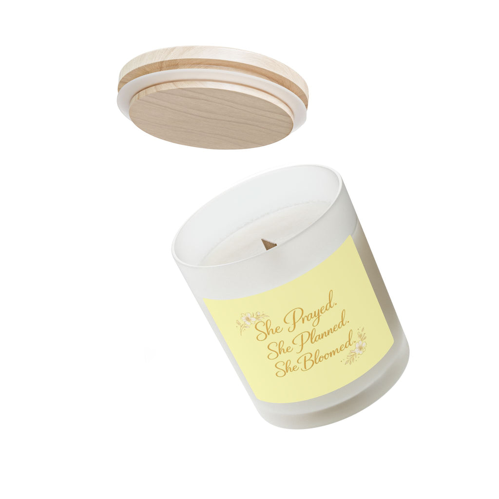 She Prayed She Planned She Bloomed — Inspirational Frosted Glass Candle (11 oz)