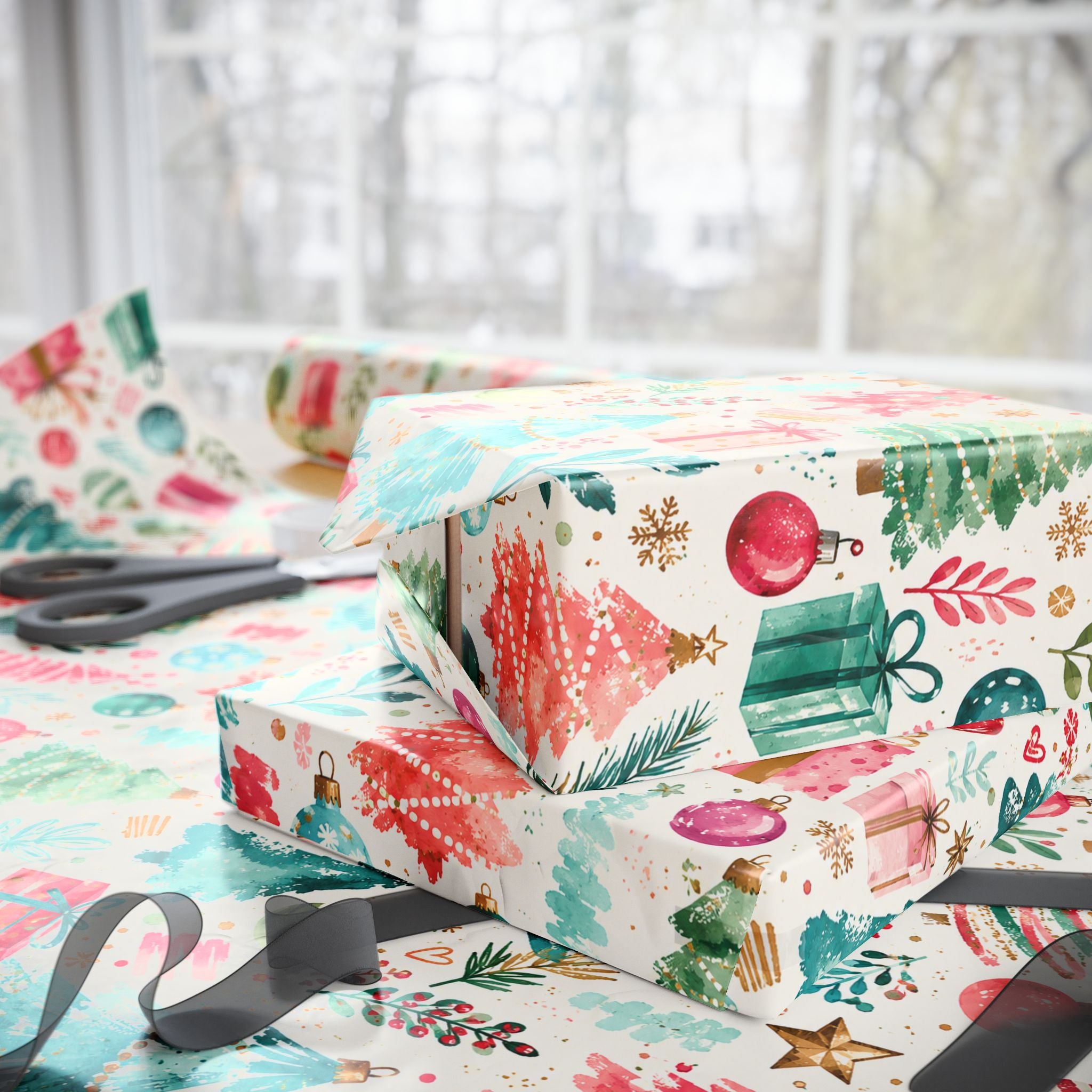 Festive Watercolor Christmas Wrapping Paper — Trees, Ornaments & Gifts Pattern