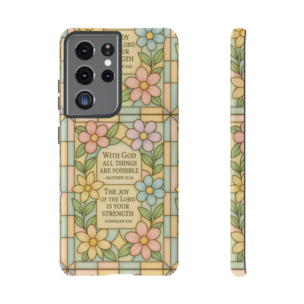Pastel Stained Glass Bible Verse Phone Case Christian Affirmation Cover, Soft Geometric Design, iPhone Samsung Google, Faith Gift for Her Bible Verse or Affirmation | Protective, Inspirational Gift for Christians