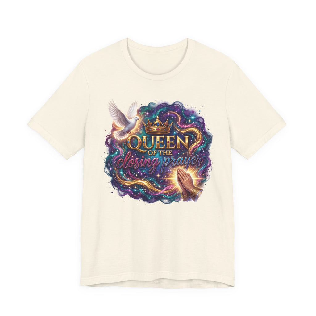 Beige t-shirt with colorful graphic design on a white background