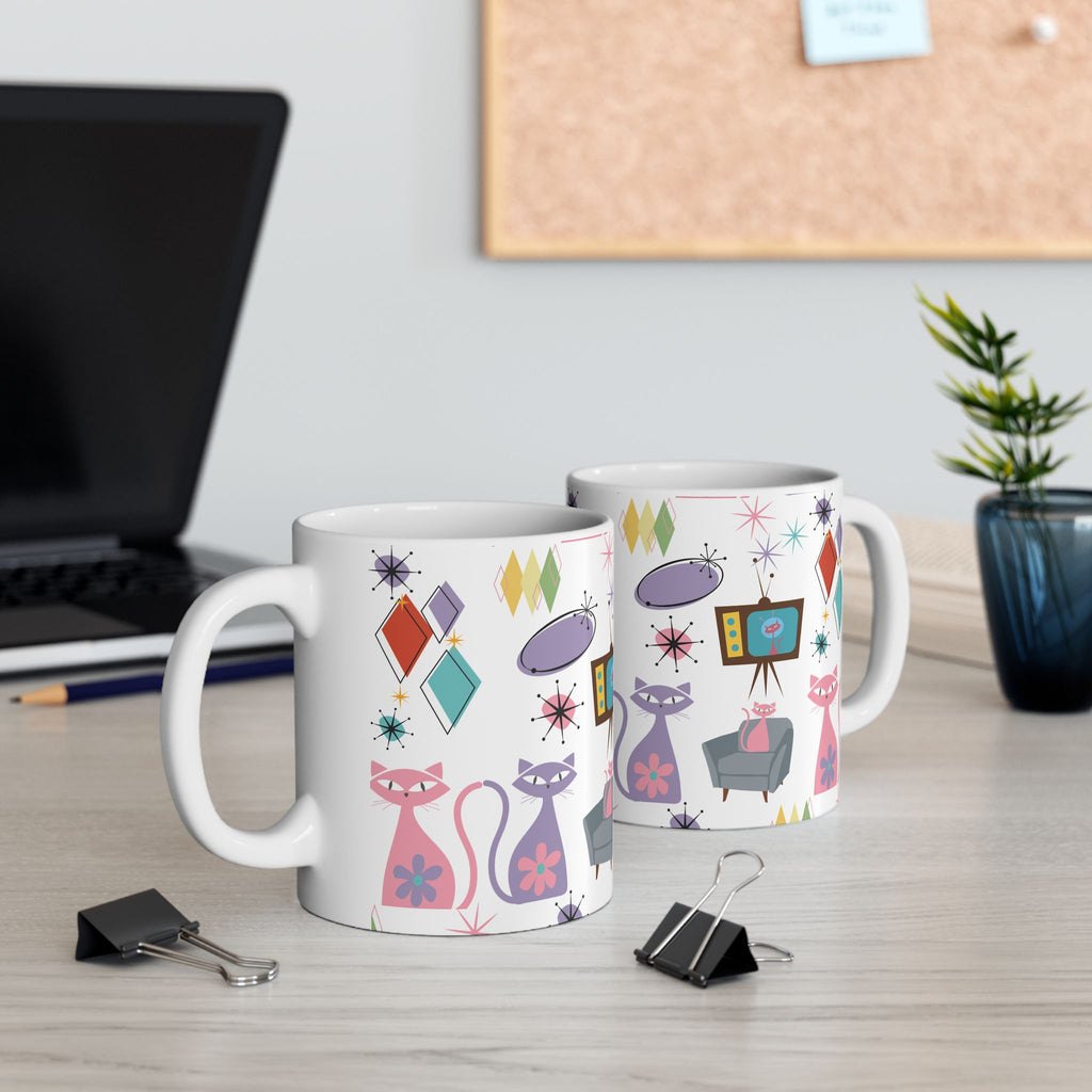Retro Atomic Cat Mug,  Mid Century Modern Coffee Cup, Vintage Kitty Design , 11oz & 15oz Ceramic Mug for Cat Lovers Gift for Mom and Coffee Lover