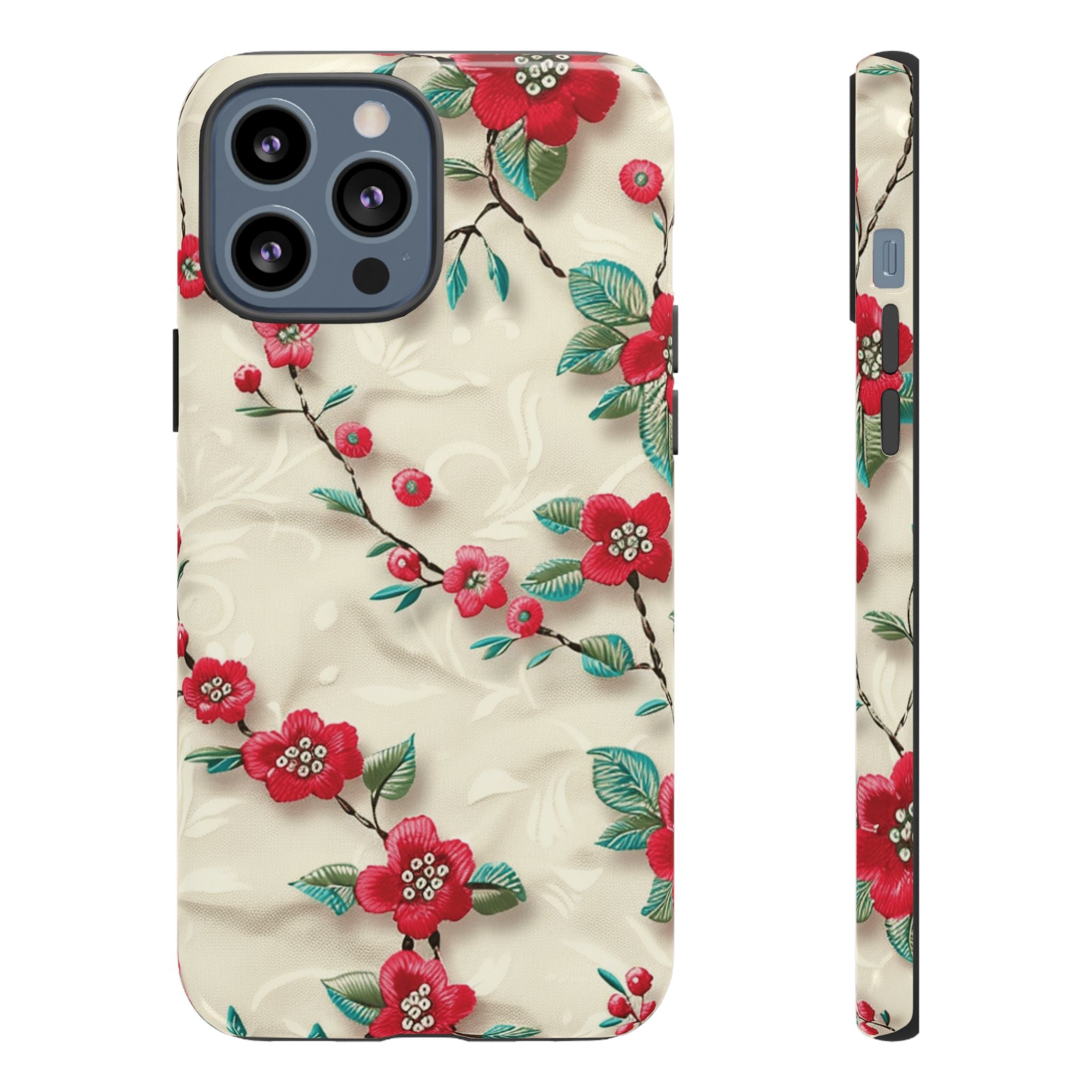 3D Embroidery Illusion Red Flowers Phone Case for iPhone, Samsung Pixel Artistic Floral Protection 15 14 13 12, 21 23 Gift for Her Perfect for Floral Lover