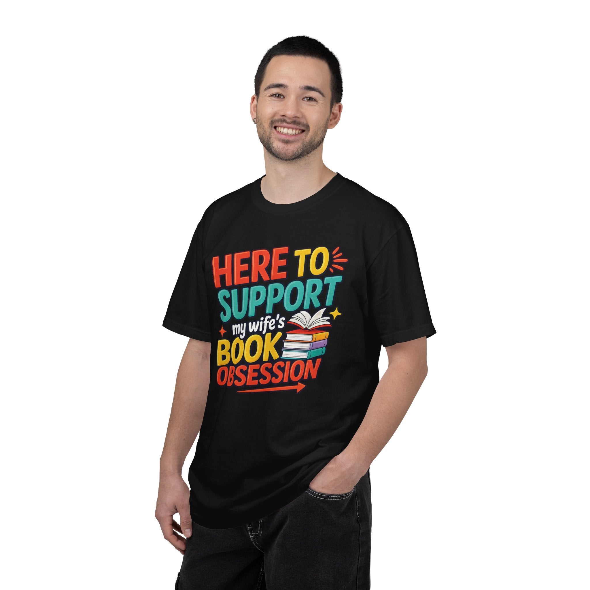 T-shirt de soutien pour femme — T-shirt humoristique pour mari « Here to Support My Wife's Book Obsession » T-shirt pour amateur de livres