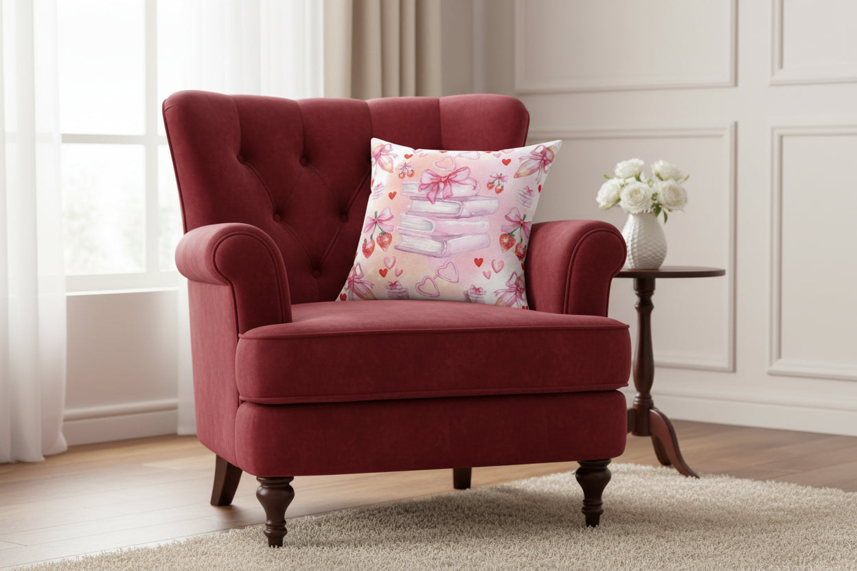Decorative pillow with pink book, heart, and strawberry pattern on a white background
