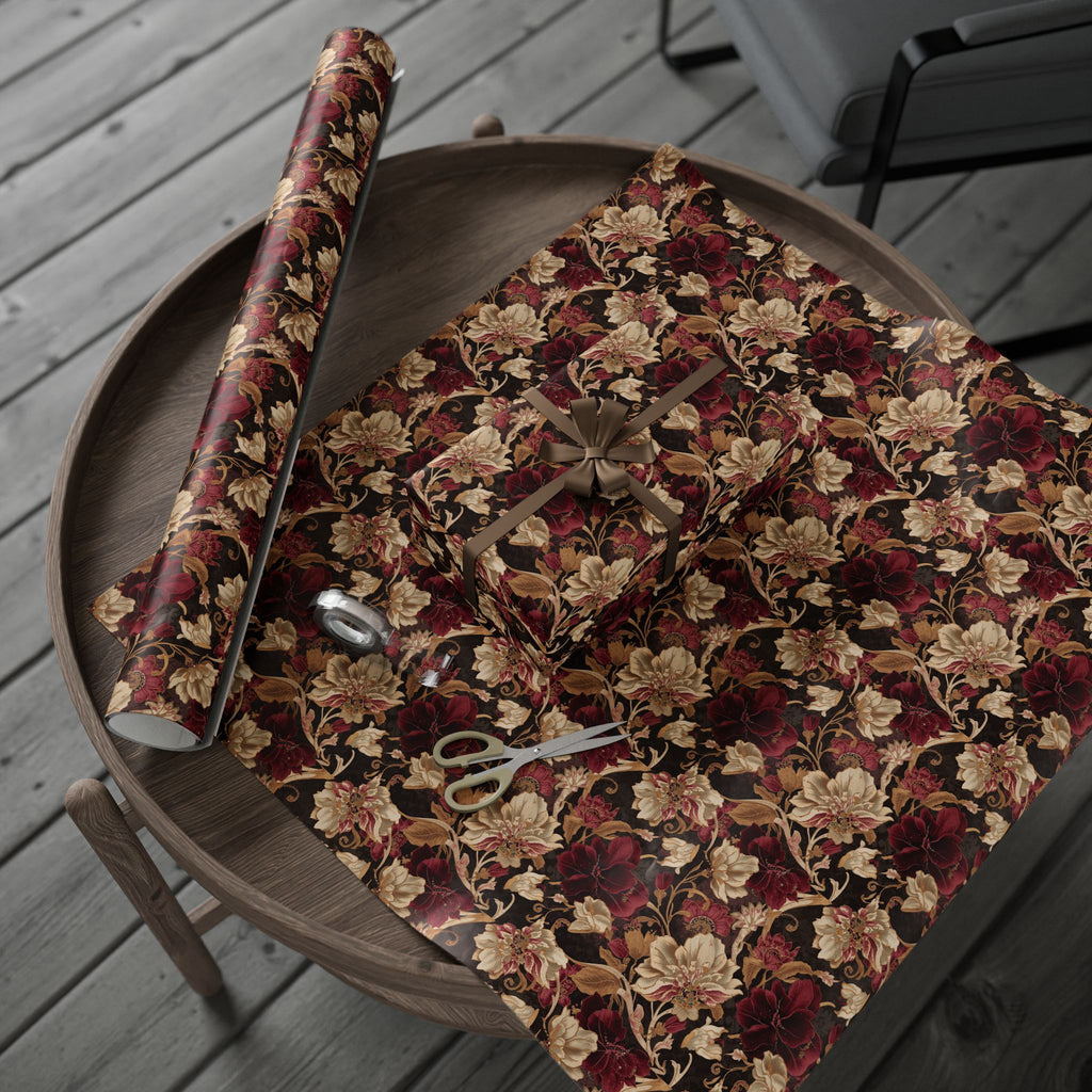 Floral Vintage Wrapping Paper - Burgundy & Gold Rose Wedding