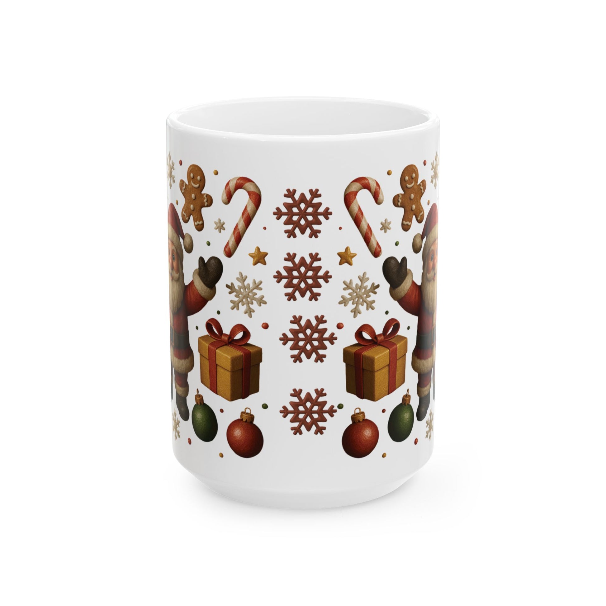 Santa & Tree Christmas Mug 11oz & 15oz Holiday Cup with Gingerbread, Candy Canes, Gifts – Perfect for Cocoa, Coffee, or Winter Mornings