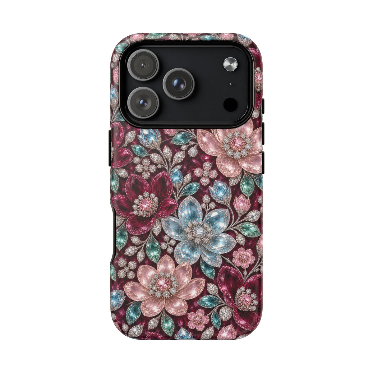 Floral faux Jewel Phone Case Sparkling Burgundy Flower Tough Magnetic Case 18 iPhone
