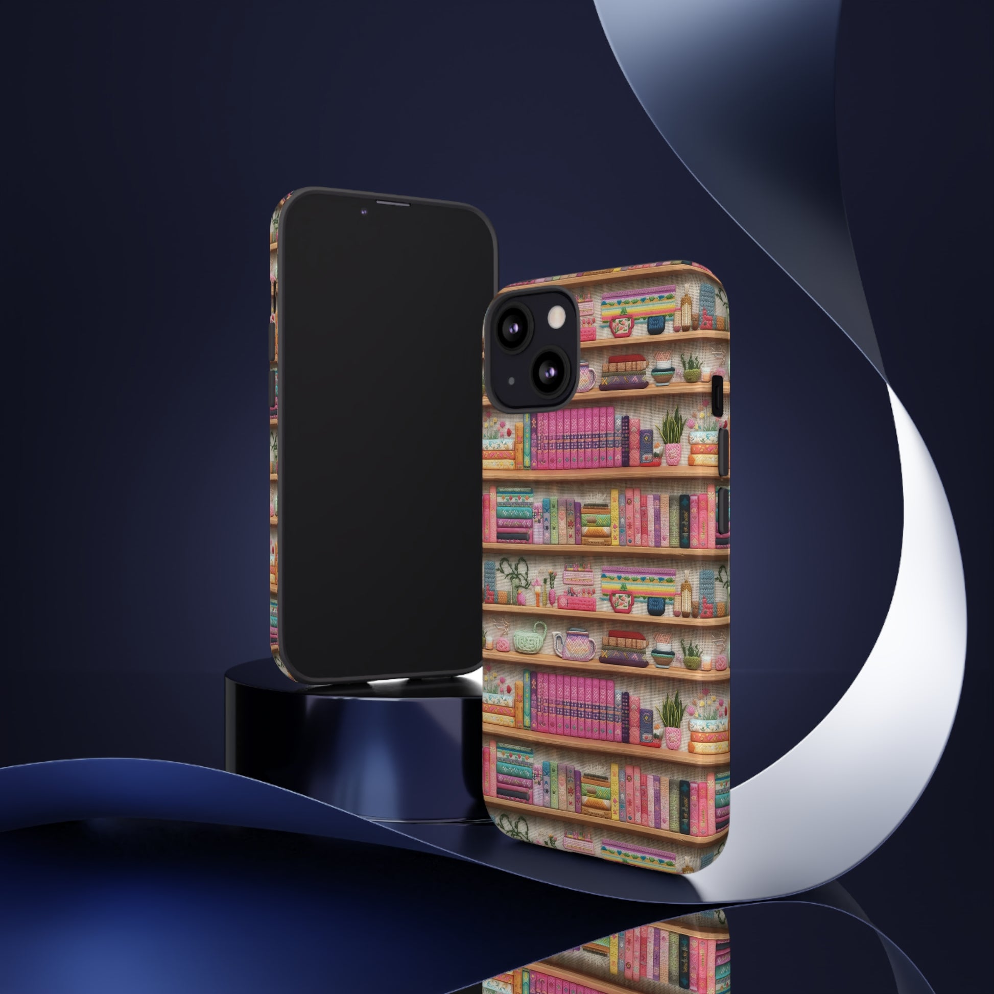 Phone Case 3D Illusion Books & Shelf Embroidery Design with Vibrant Colors Gift for Her Phone 15, Samsung iPhone Samsung Gift for Her Case iPhone 15, Samsung iPhone Samsung Accessory Gift for Her.