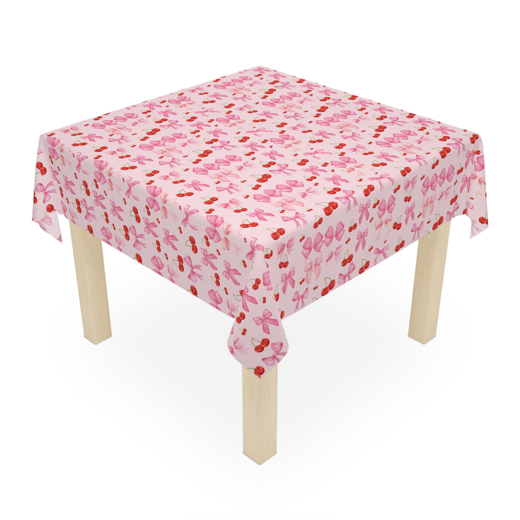 Tablecloth Whimsical Elegance with Coquette Cherry Ribbon Bows Design for Dining Any Dining Room, Kitchen Table or Outdoor Setting for Home, Weddings, Birthdays all Events Durable & Stylish for All Occasions.