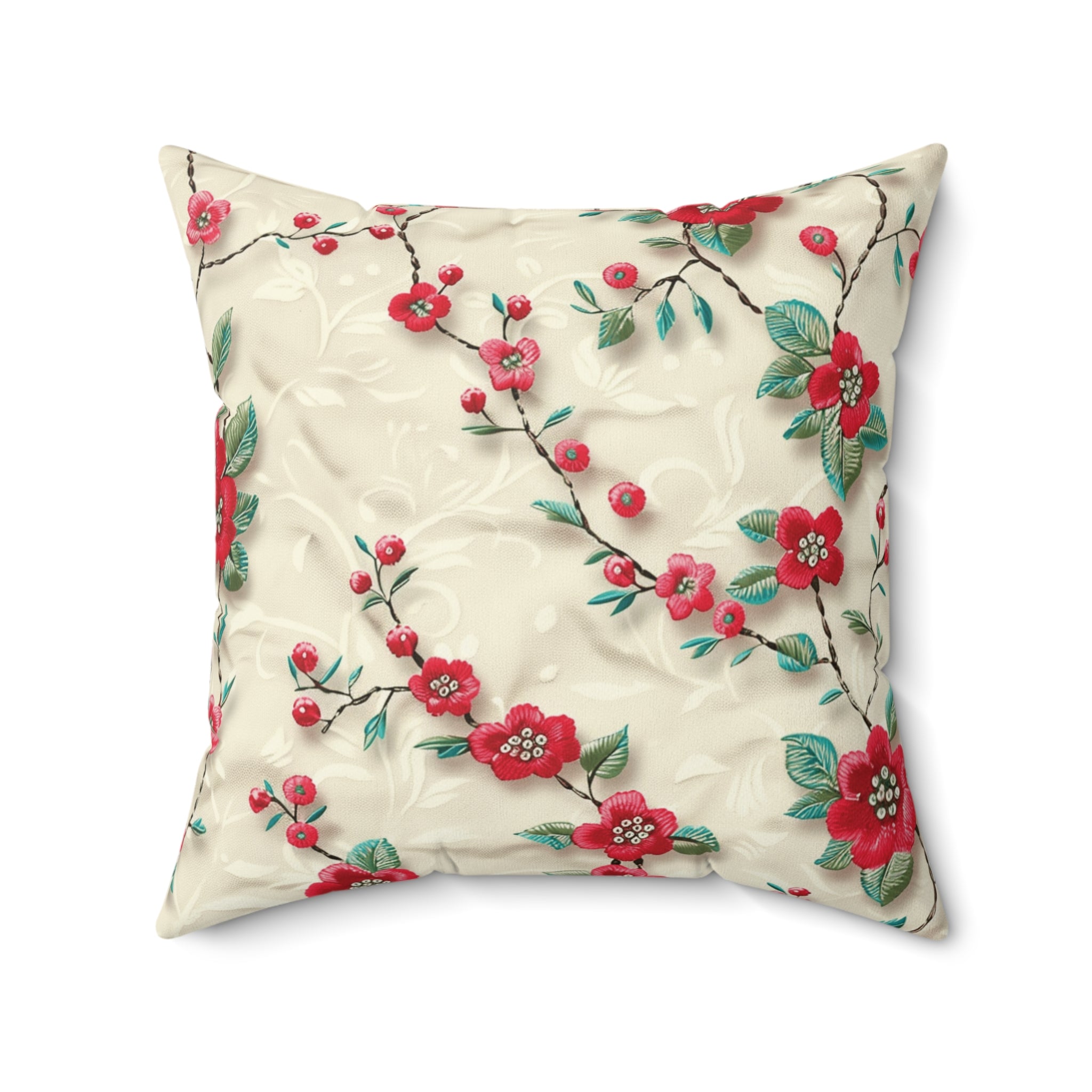 Chic 3D Embroidery Illusion Red Flowers Square Pillow for Sofa, Bed, or Chair Premium Quality, Soft, and Durable | Perfect for Couch, Bed, or Chair | Elegant Bedrooms Pillow Gift New House, Bridal Shower - MRSBYVALLE