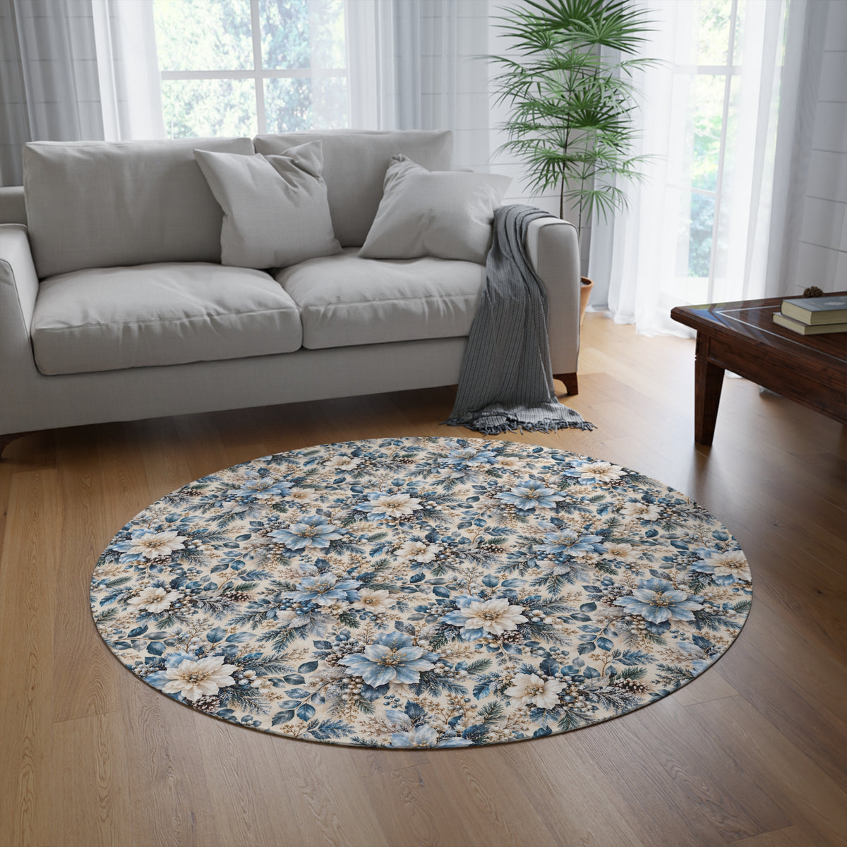 Icy Blue Vintage Floral Round Area Rug