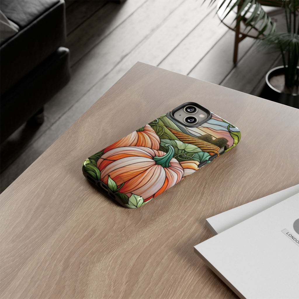 Pumpkins Phone Case Fall Faux Stained-Glass Thanksgiving Cover Pumpkin Lovers Gift for Galaxy S 24 23 22 21 Pixel 5 6 7 8 iPhone 17 , 16 15 14 13 12 Samsung iPhone Samsung Gift for Her