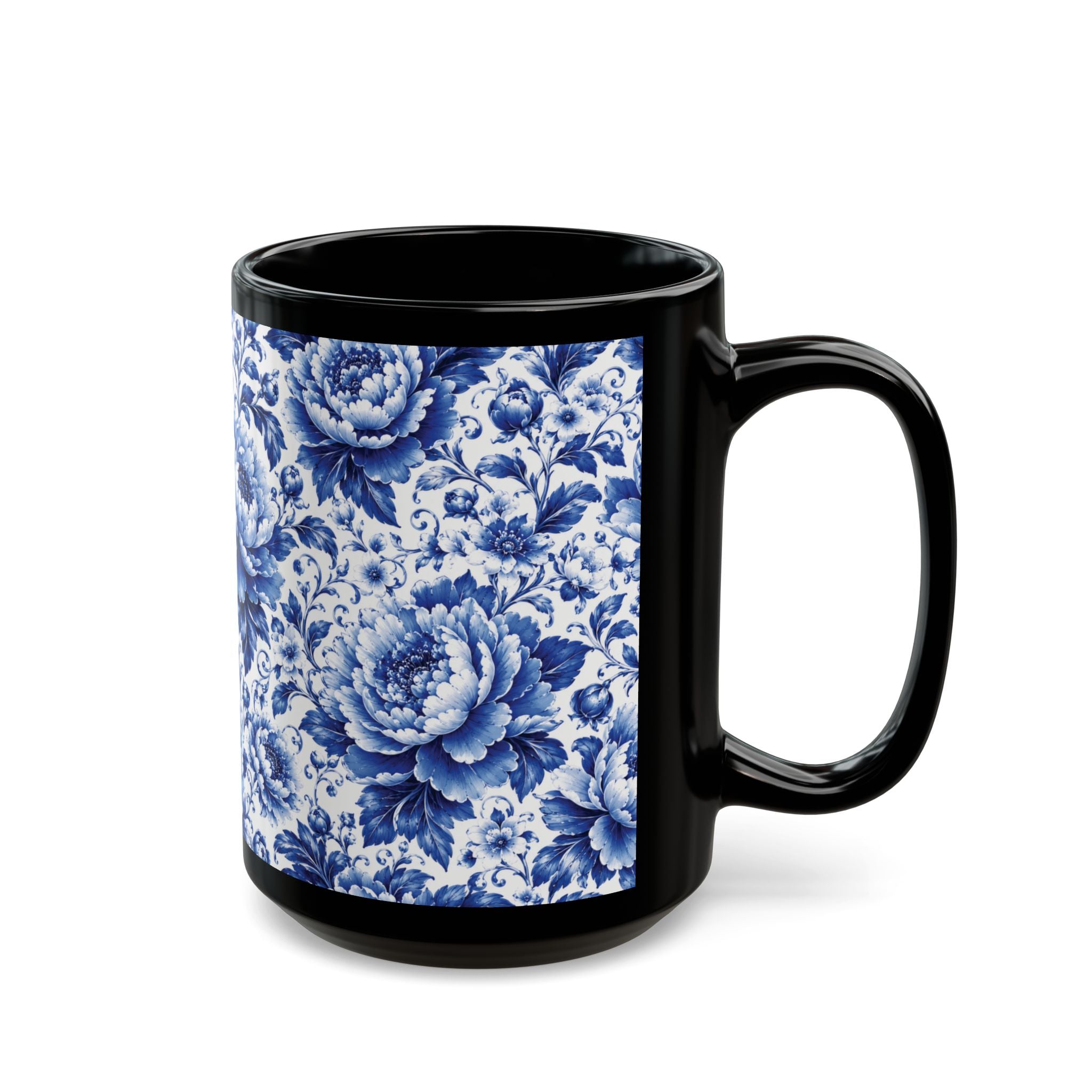 Blue Floral Porcelain Pattern Mug Elegant Black Ceramic Coffee Cup (11oz/15oz) Blue & White Chinoiserie Tea Cup