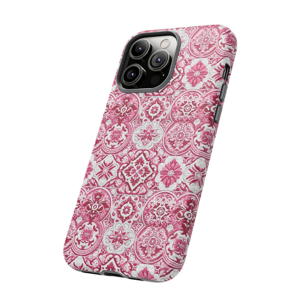 Pink and White Mediterranean Tile Design Phone Case - Stylish, Protective Cover for All Models Gift for Mom Accessory Gift for Her