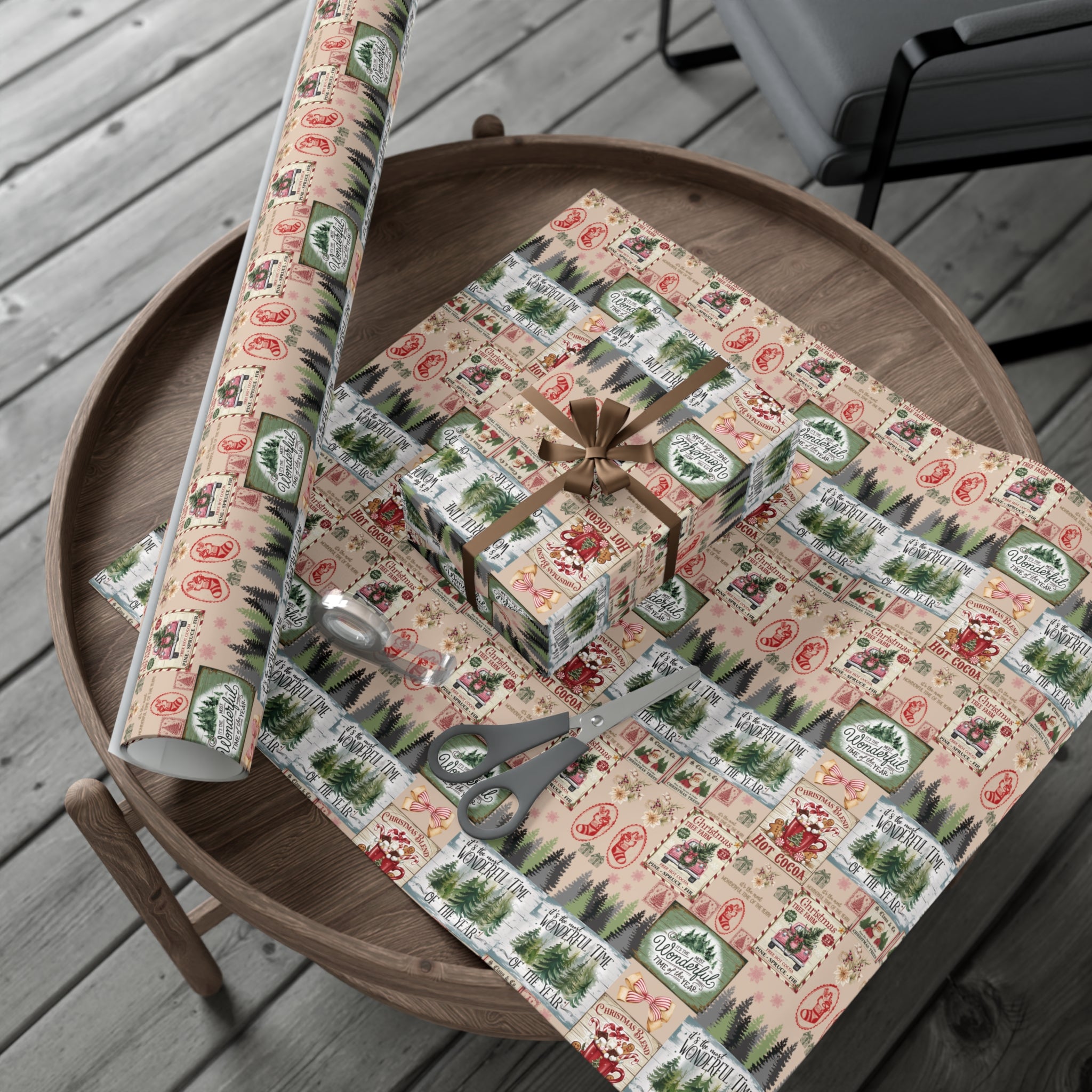 Christmas Wrapping Paper with Vintage Stamps Design  Perfect for Unique Holiday Gift Wrapping Premium Quality Gift Wrap for Luxurious Presentation - MRSBYVALLE