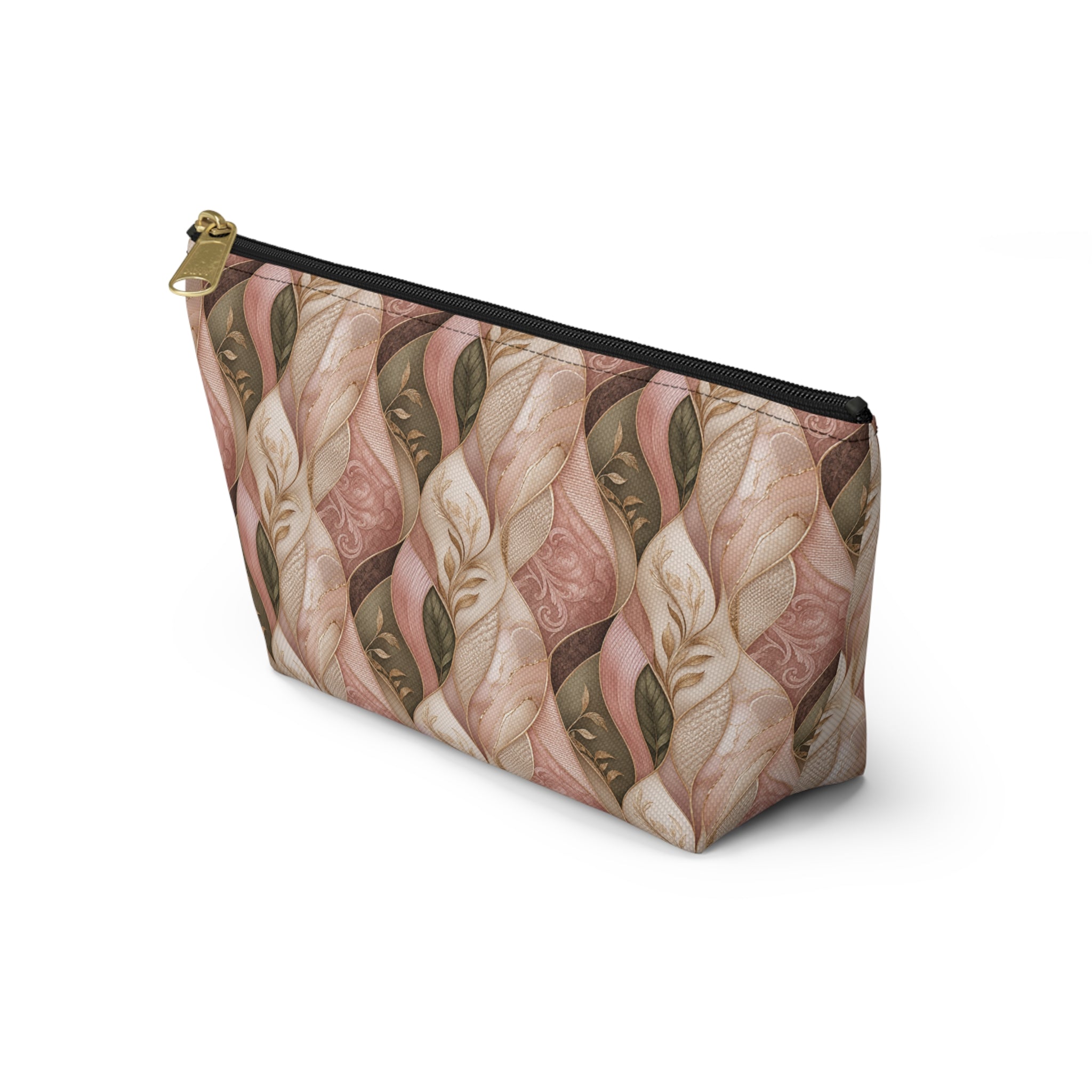 Braided Floral Accessory Pouch — Pink & Olive T‑Bottom Cosmetic Bag