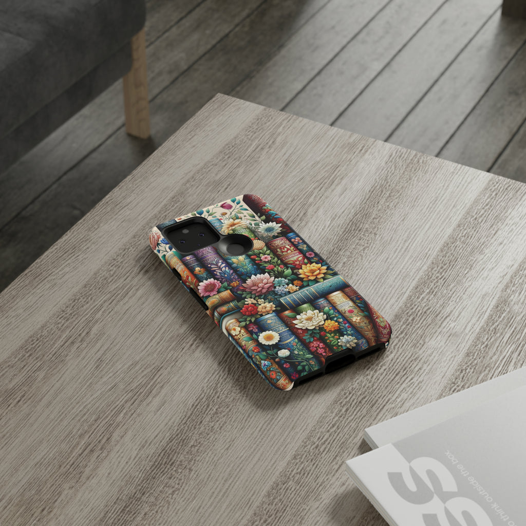 Books and Floral Boho Luxury Phone Tough Case Floral Elegant Durable Stylish for Modern Devices iPhone 15, Samsung iPhone Samsung Accessory Gift for Her.