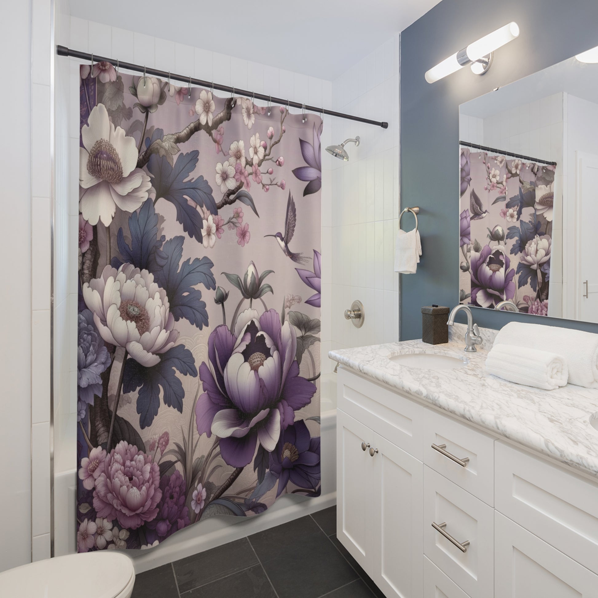 Purple Shabby Chic Blossoms Bold Floral Country Cottage Garden Shower Curtain for Bathroom Deco Housewarming Gift New Bathroom Decor Wedding Gift for Mom Bridal Shower Gift Newlywed - MRSBYVALLE