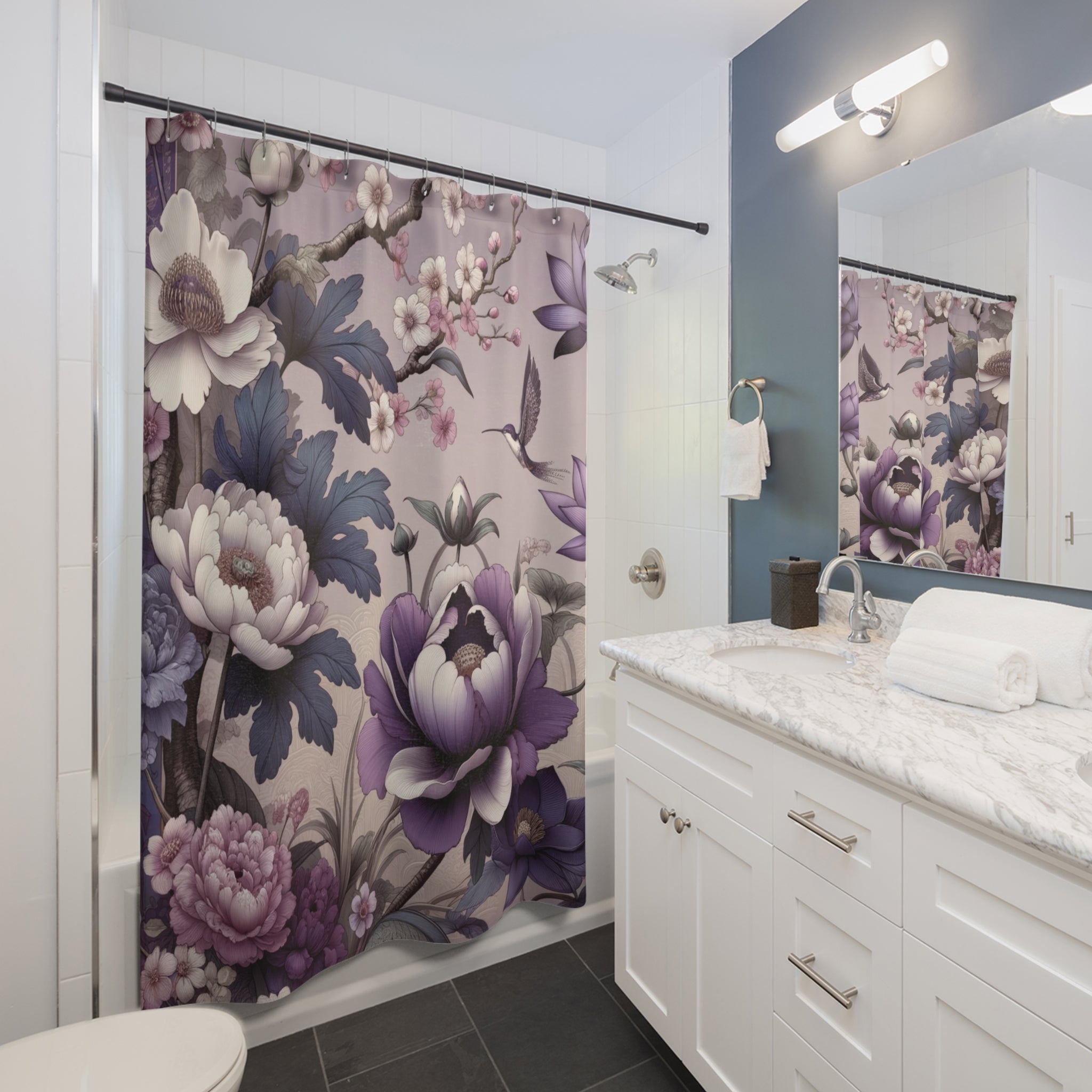 Purple Shabby Chic Blossoms Bold Floral Country Cottage Garden Shower Curtain for Bathroom Deco Housewarming Gift New Bathroom Decor Wedding Gift for Mom Bridal Shower Gift Newlywed - MRSBYVALLE