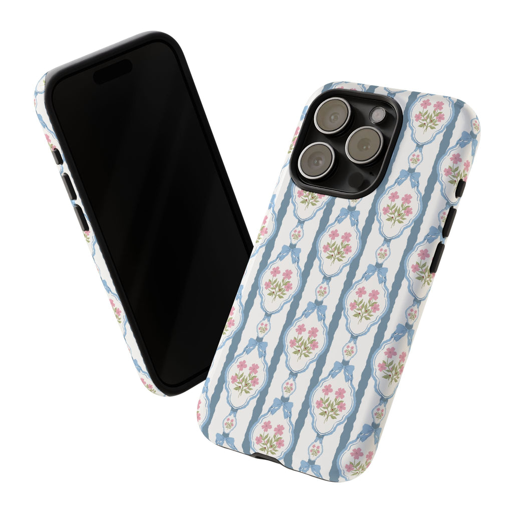 Coque de téléphone Vintage Nœud Bleu et Rose — Motif floral romantique « Tough Cases »