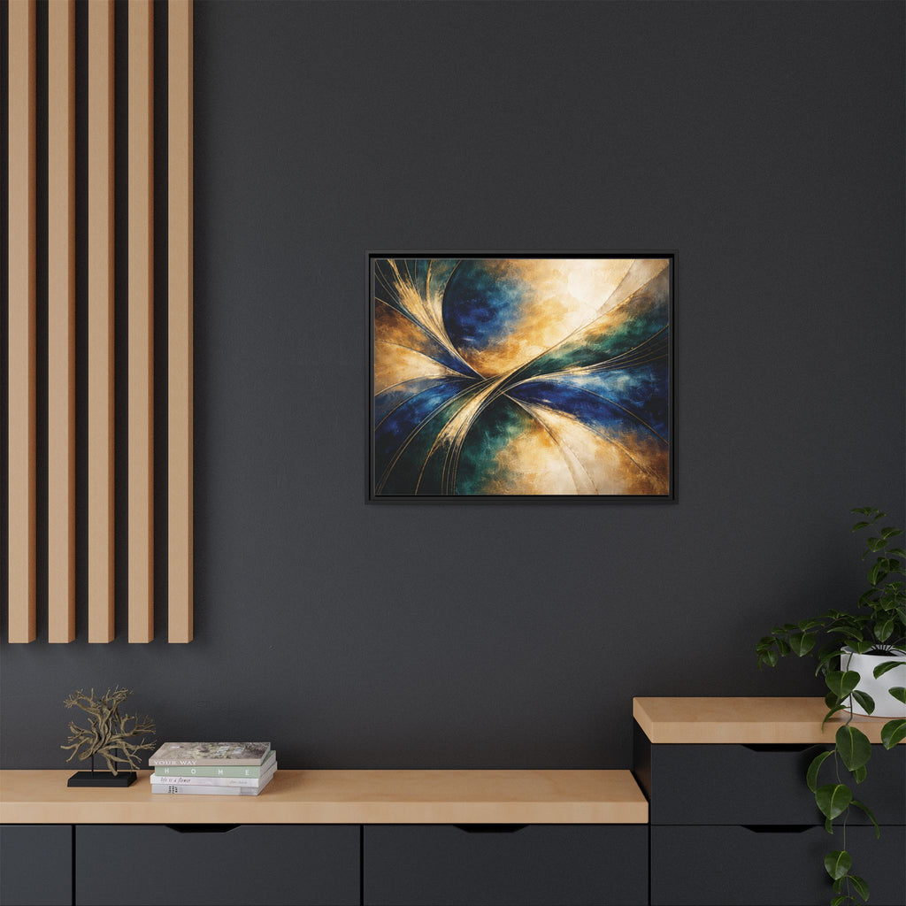 Gilded Convergence  Luxe NeoDeco Blue & Gold Abstract Wall Art Framed