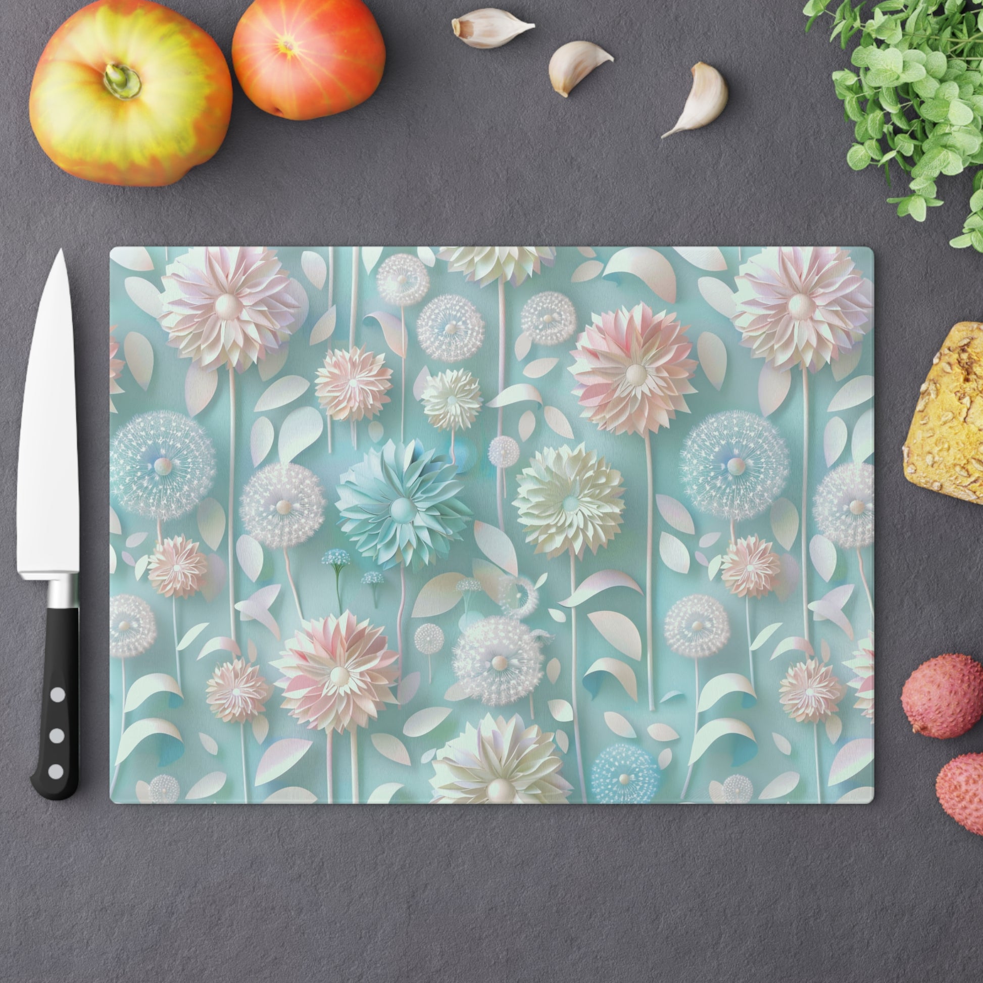 Pastel Floral Tempered Glass Cutting Board | Durable and Heat-Resistant | Non-Slip Feet for Stability | Scratch-Resistant Surface | Stylish Kitchen Decor & Gift