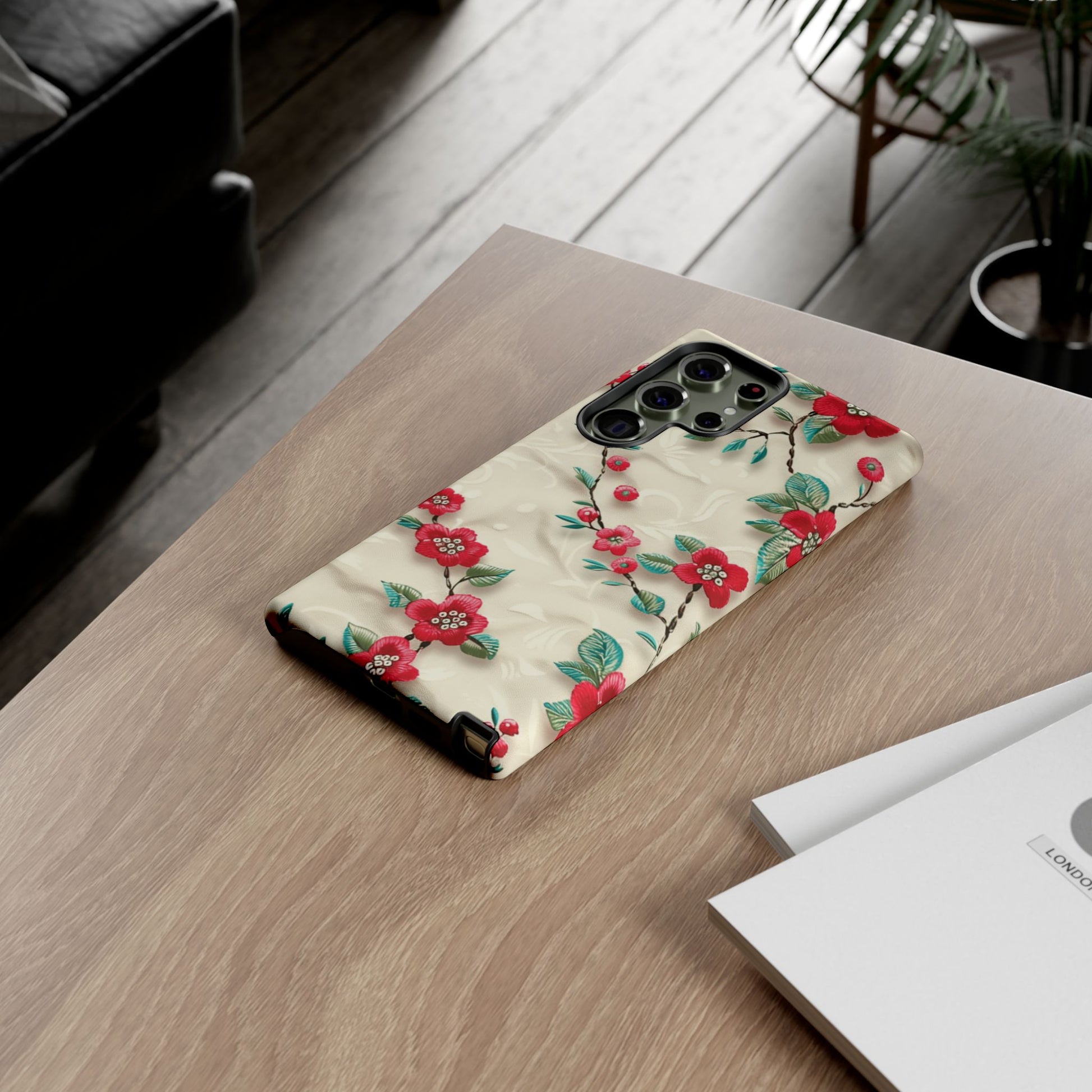 3D Embroidery Illusion Red Flowers Phone Case for iPhone, Samsung Pixel Artistic Floral Protection 15 14 13 12, 21 23 Gift for Her Perfect for Floral Lover