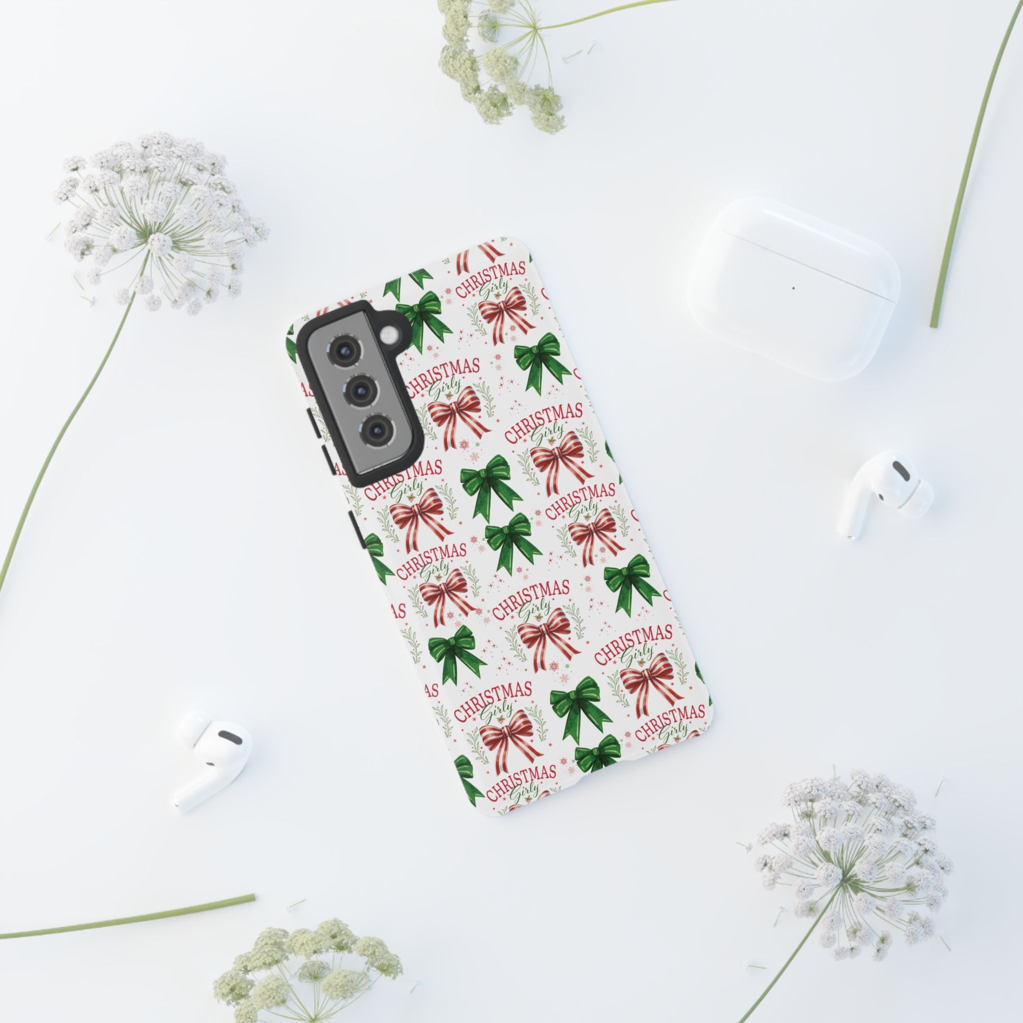 Girly Christmas Coquette Bows Pastel Phone Case for iPhone 17 16 15 23 Samsung, and Pixel | Stylish Protective Cover Gift for Her Perfect for Floral Lover