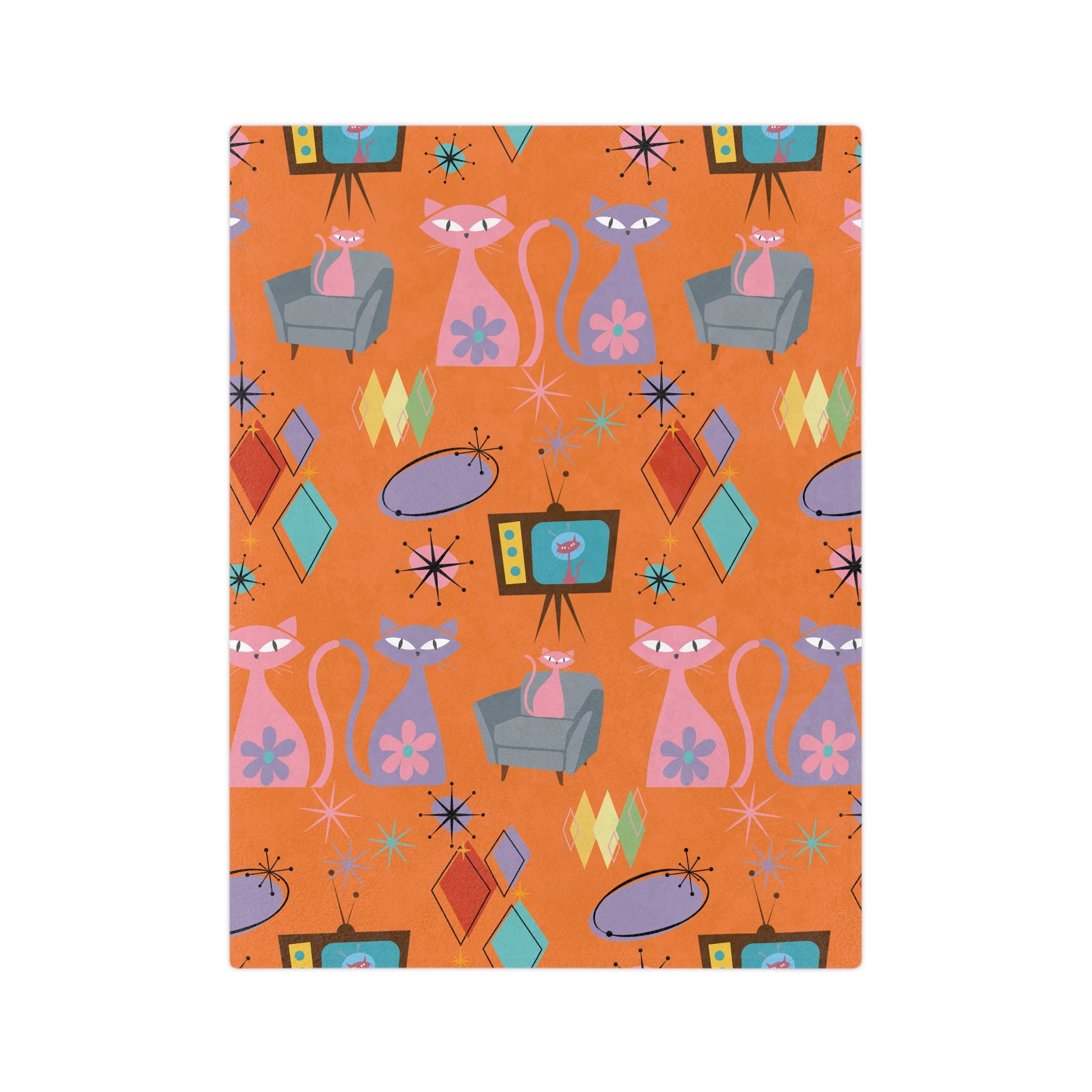 Atomic Cats Retro Blanket | Mid Century Modern Throw with 1950s Starburst Design | Cozy Vintage Cat Lover Gift for Sofa, Bed, or Lounge Chair