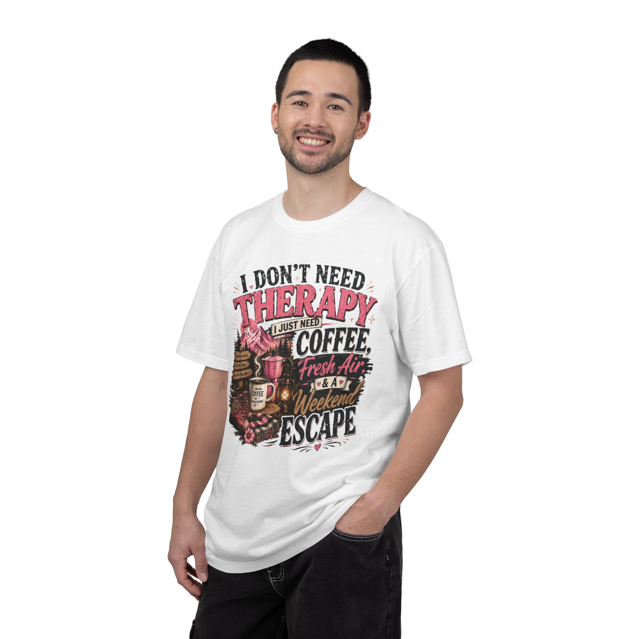 T-Shirt — “I Don’t Need Therapy, I Just Need Coffee, Fresh Air & A Weekend Escape” Vintage Coffee & Outdoors Tee