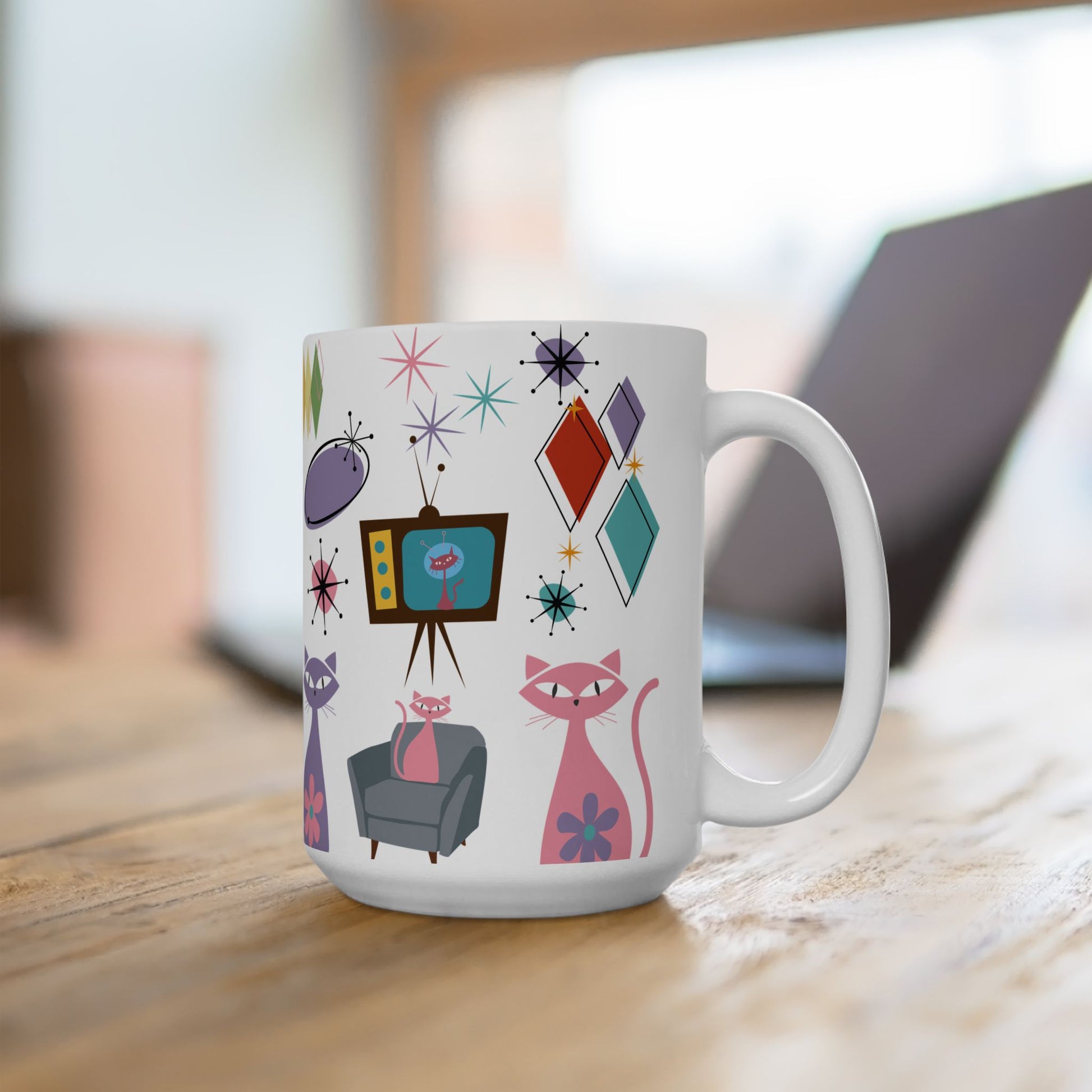 Retro Atomic Cat Mug,  Mid Century Modern Coffee Cup, Vintage Kitty Design , 11oz & 15oz Ceramic Mug for Cat Lovers Gift for Mom and Coffee Lover