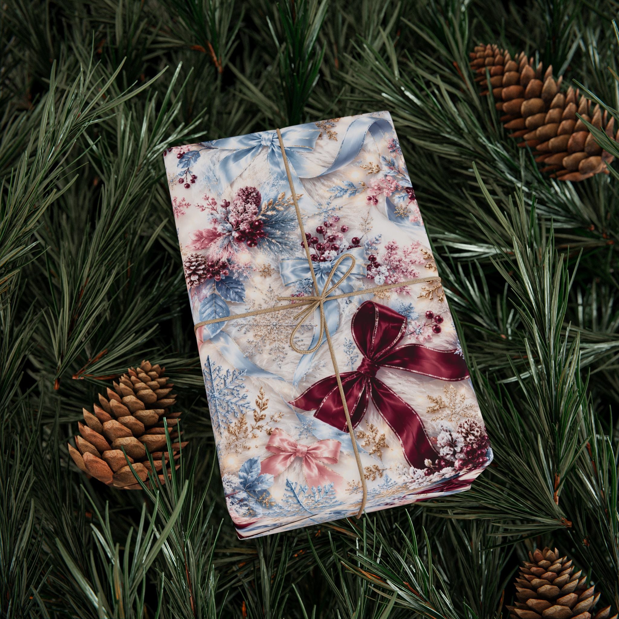 Burgundy Bow Floral Pattern Wrapping Paper | Holiday Gift Wrap, Winter Botanicals