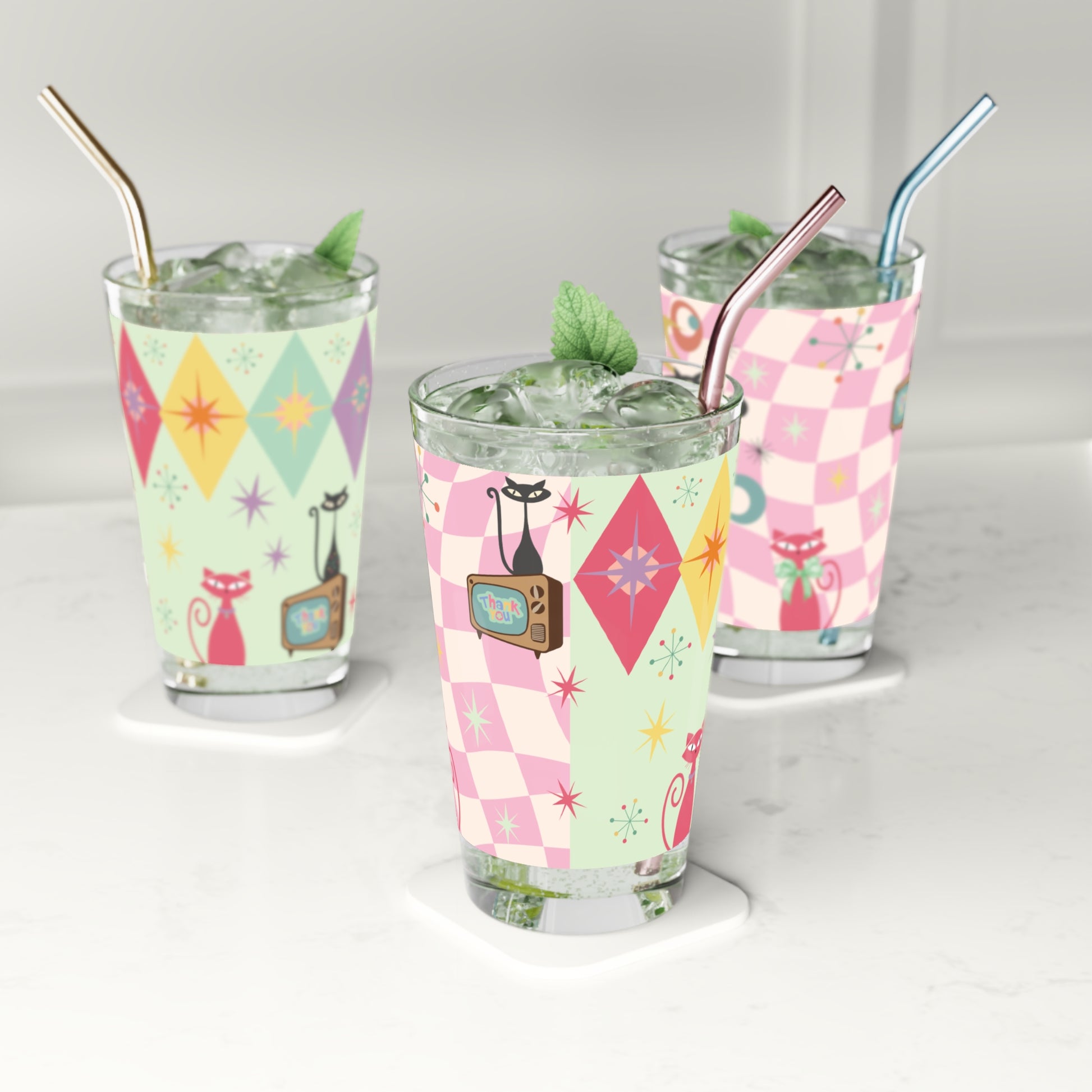 Pink and Mint Atomic Cat 16oz Pint Glass Mid-Century Modern Retro Style for Cocktails, Mocktails, Beer, and Water Perfect for Every Occasion Mother's Day Party Drinkware, Housewarming Perfect Gift Party Drinkware, Cocktail, Wedding Perfect for Parties - MRSBYVALLE
