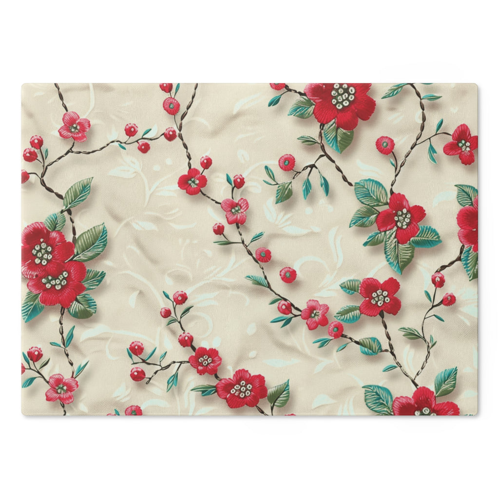 Vibrant 3D Embroidery Illusion Red Flowers Tempered Glass Cutting Board: Durable & Stylish for Cooking and Serving Stylish Cooking Kitchen Decor Housewarming, New House Gift - MRSBYVALLE